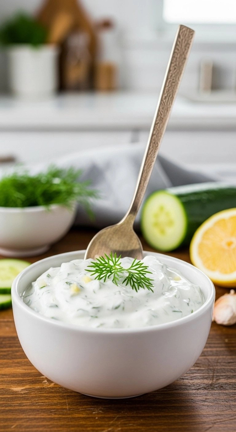 Creamy Greek Yogurt Tzatziki Dressing With Fresh Dill And Cucumber In A White Bowl On A Rustic Wooden Table.