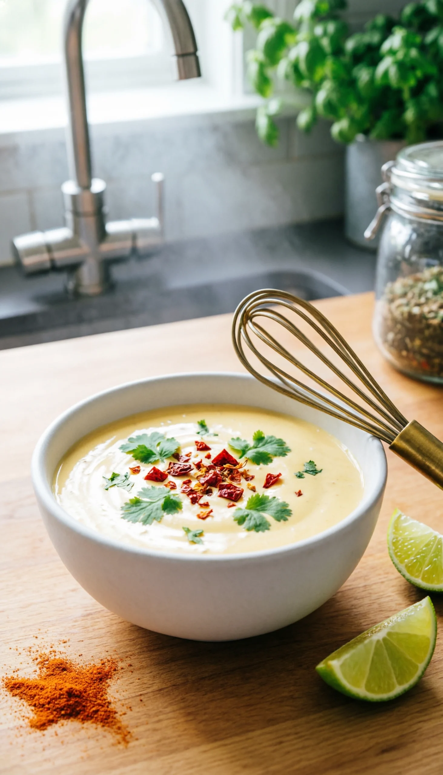 Creamy Mexican Street Corn Dressing In A White Bowl With A Whisk, Fresh Lime Wedges, And Red Chili Flecks.