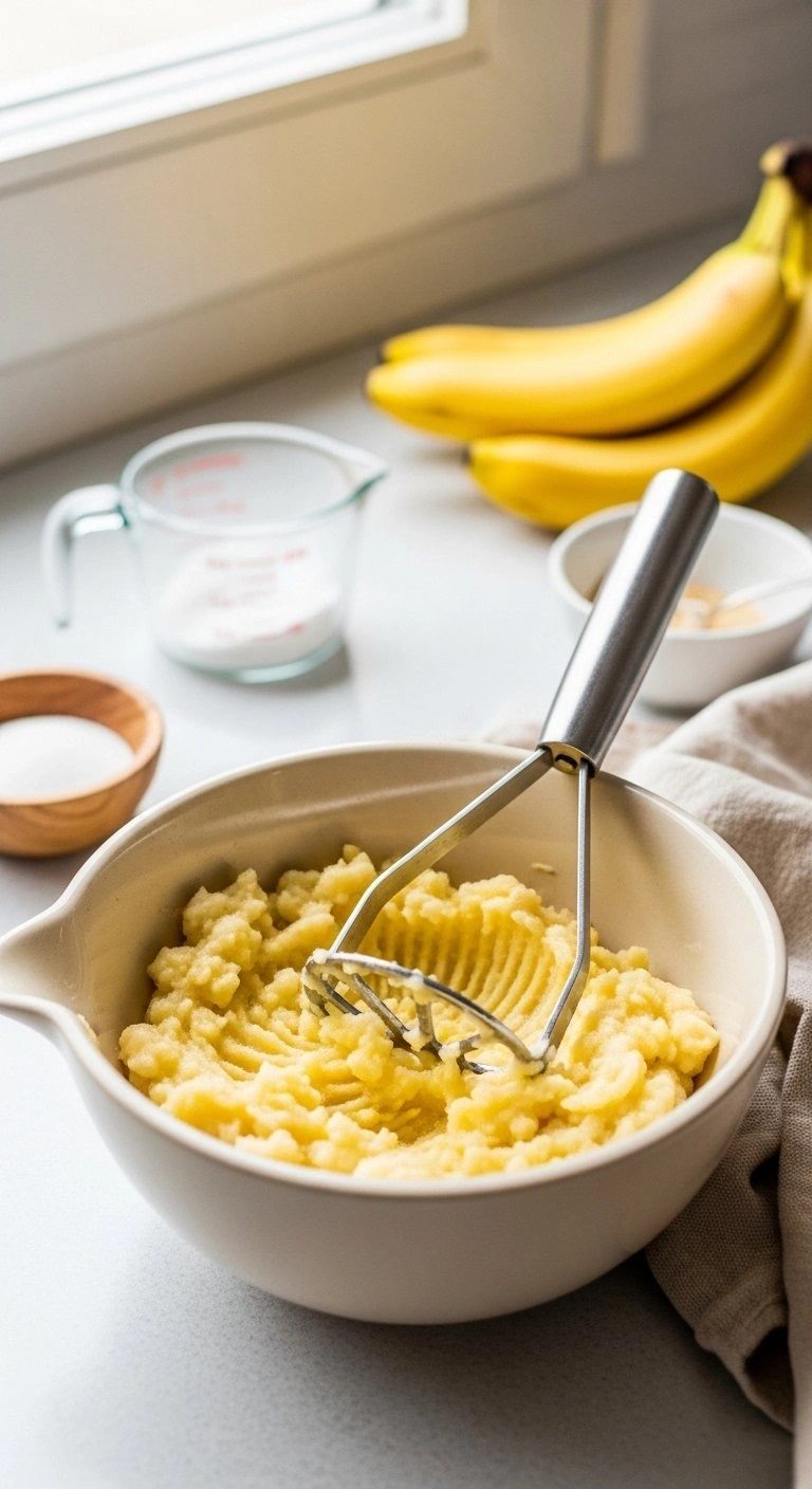 Creamy Mashed Bananas In A White Ceramic Bowl With A Rustic Potato Masher Ready For Moist Banana Bread Batter.