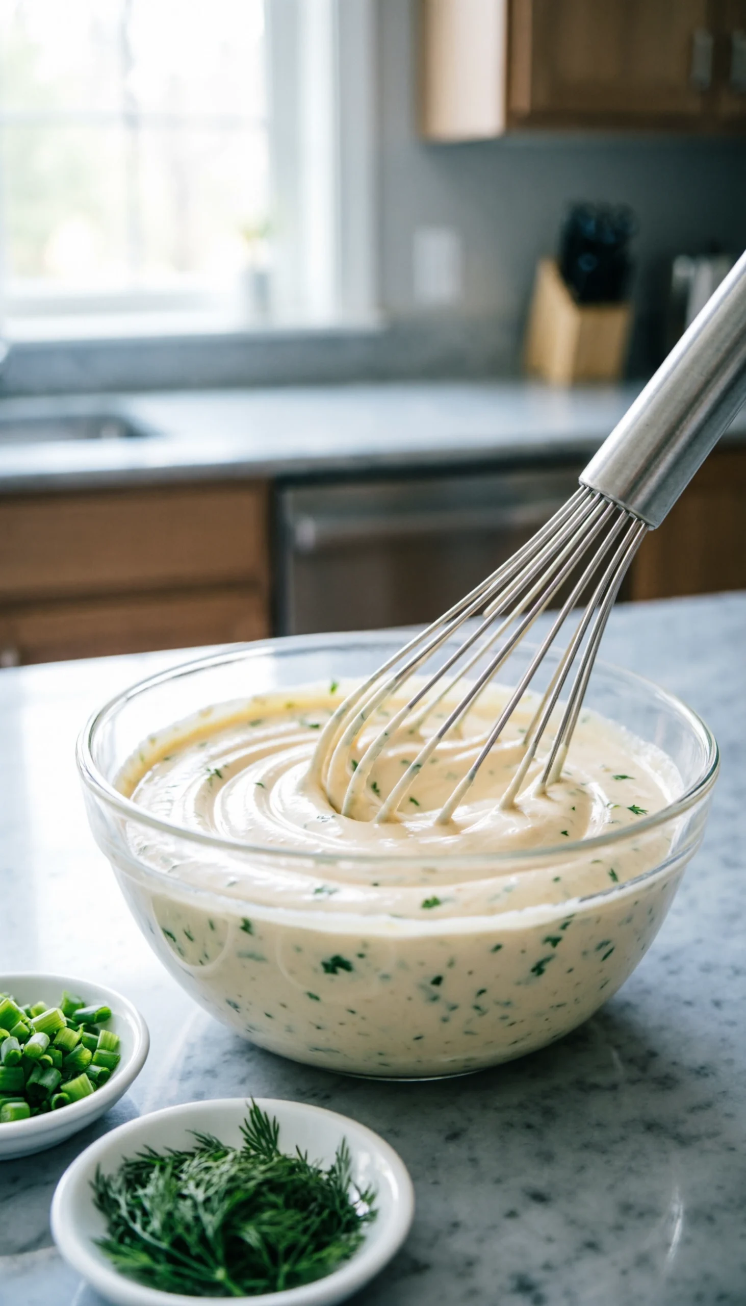 Creamy Ranch Dressing With Fresh Herbs Is Whisked In A Clear Glass Bowl On A Marble Countertop, Illuminated By Soft Natural Light.
