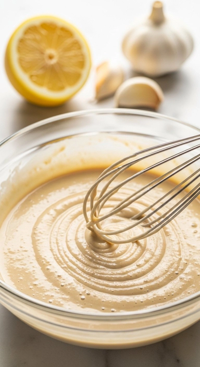 Creamy Tahini Sauce Swirled With A Silver Whisk In A Glass Bowl On A Marble Countertop With Fresh Lemon And Garlic.