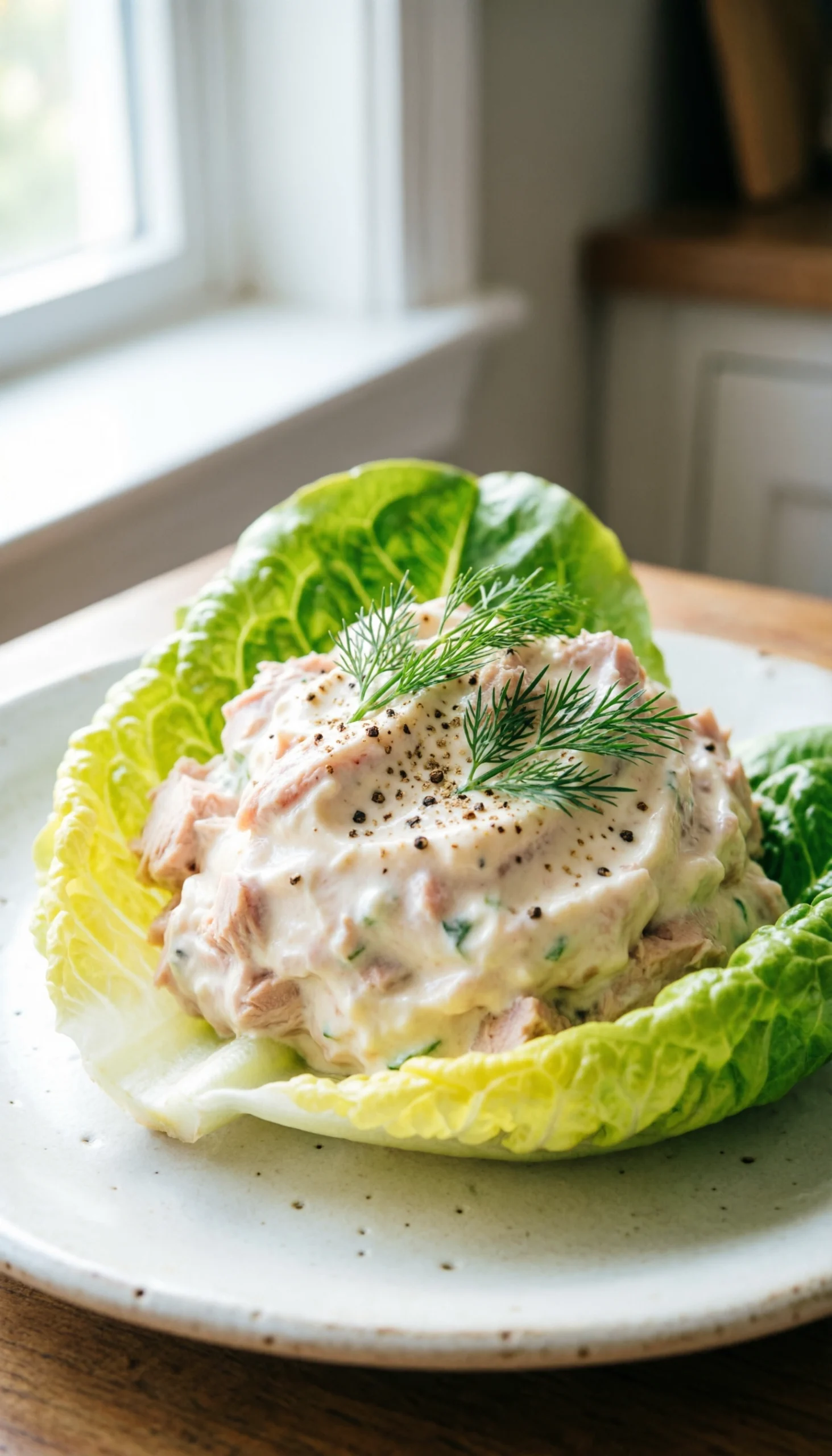 Creamy Tuna And Greek Yogurt Salad Scoop On Butter Lettuce With Fresh Dill And Black Pepper On A Vintage Plate.