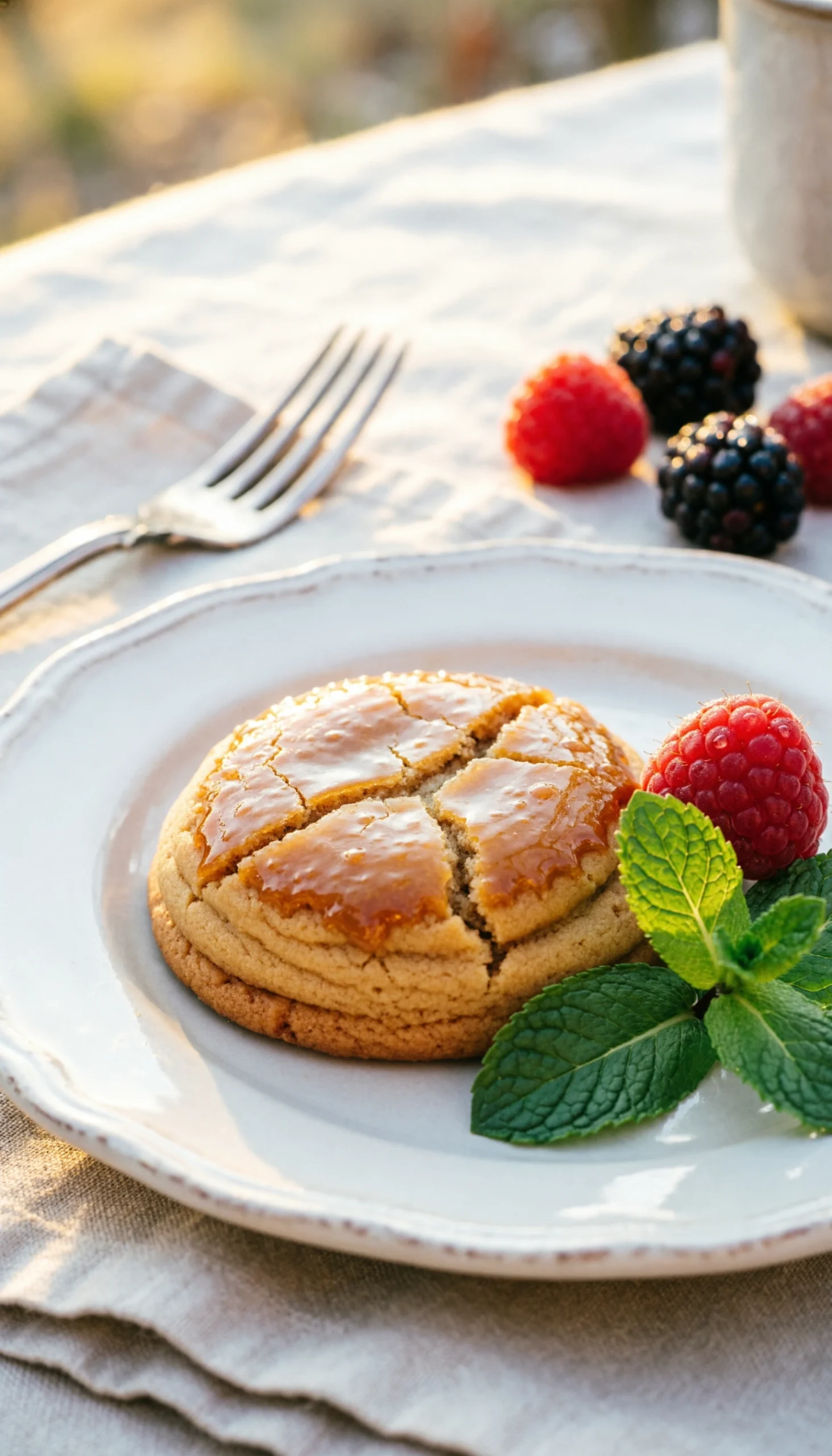 Crème Brûlée Cookie Garnished With A Raspberry And Mint On A Vintage Ceramic Plate During A Festive Dinner Party.