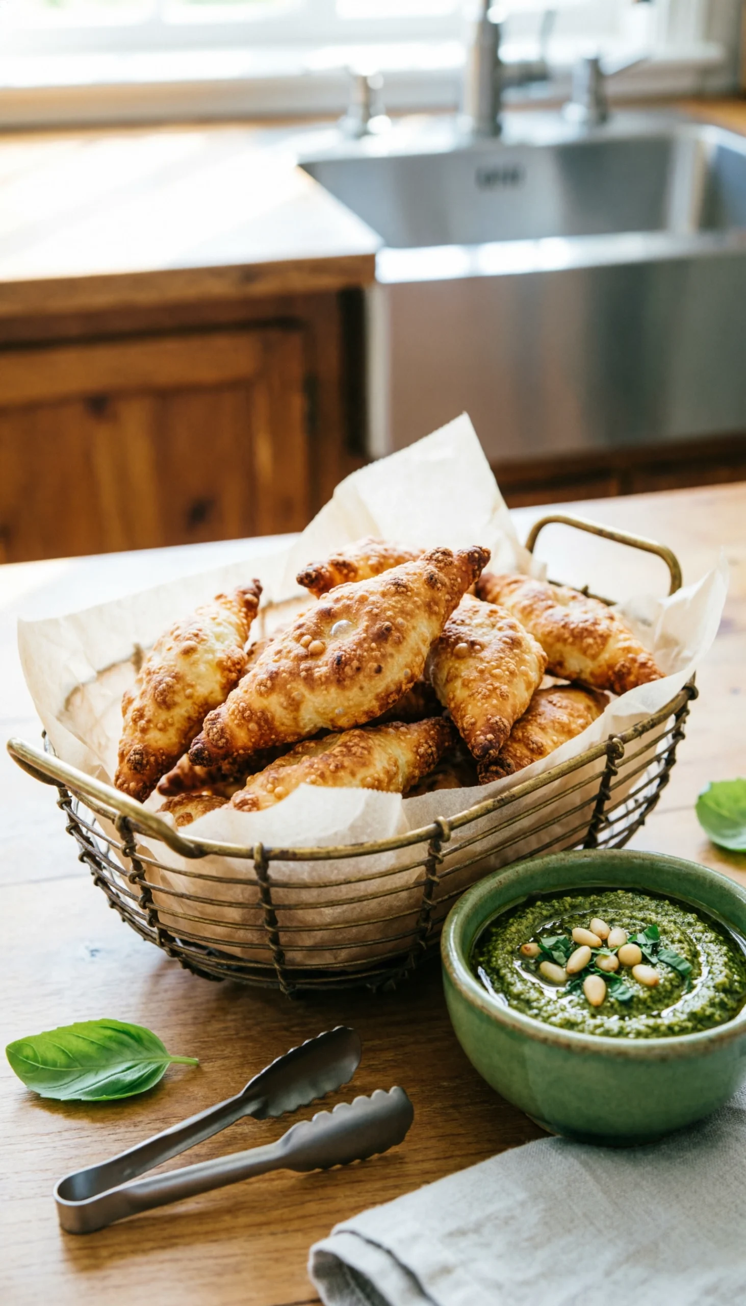 Crispy Air Fryer Tortellini Bites In A Rustic Wire Basket Served With A Creamy Green Pesto Dipping Sauce And Basil.