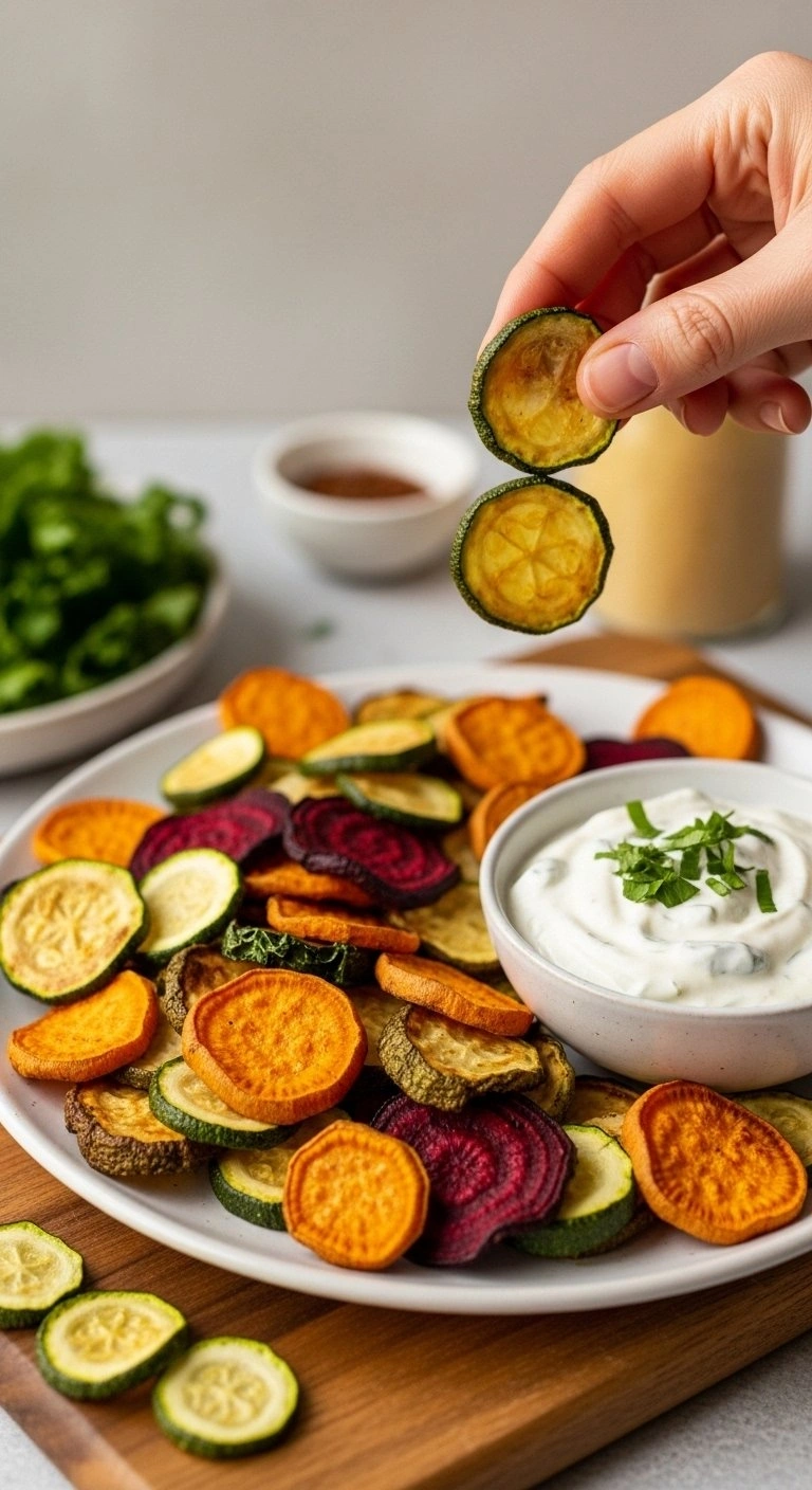Crispy Baked Veggie Chips With Creamy Hummus Dip Served On A Rustic Wooden Board During Golden Hour Lighting.
