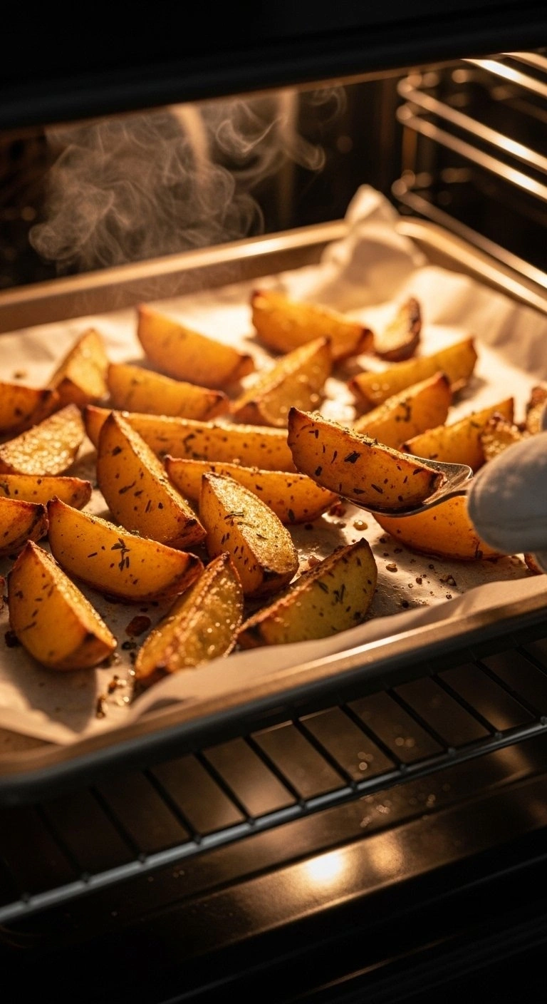Crispy Golden-Brown Greek Roasted Lemon Potatoes On A Parchment-Lined Pan Being Pulled From A Warm, Bright Oven.