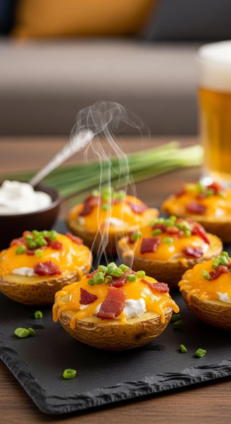 Crispy Loaded Potato Bites Topped With Melted Cheddar Cheese, Smoky Bacon, And Fresh Chives On A Dark Slate Tray.