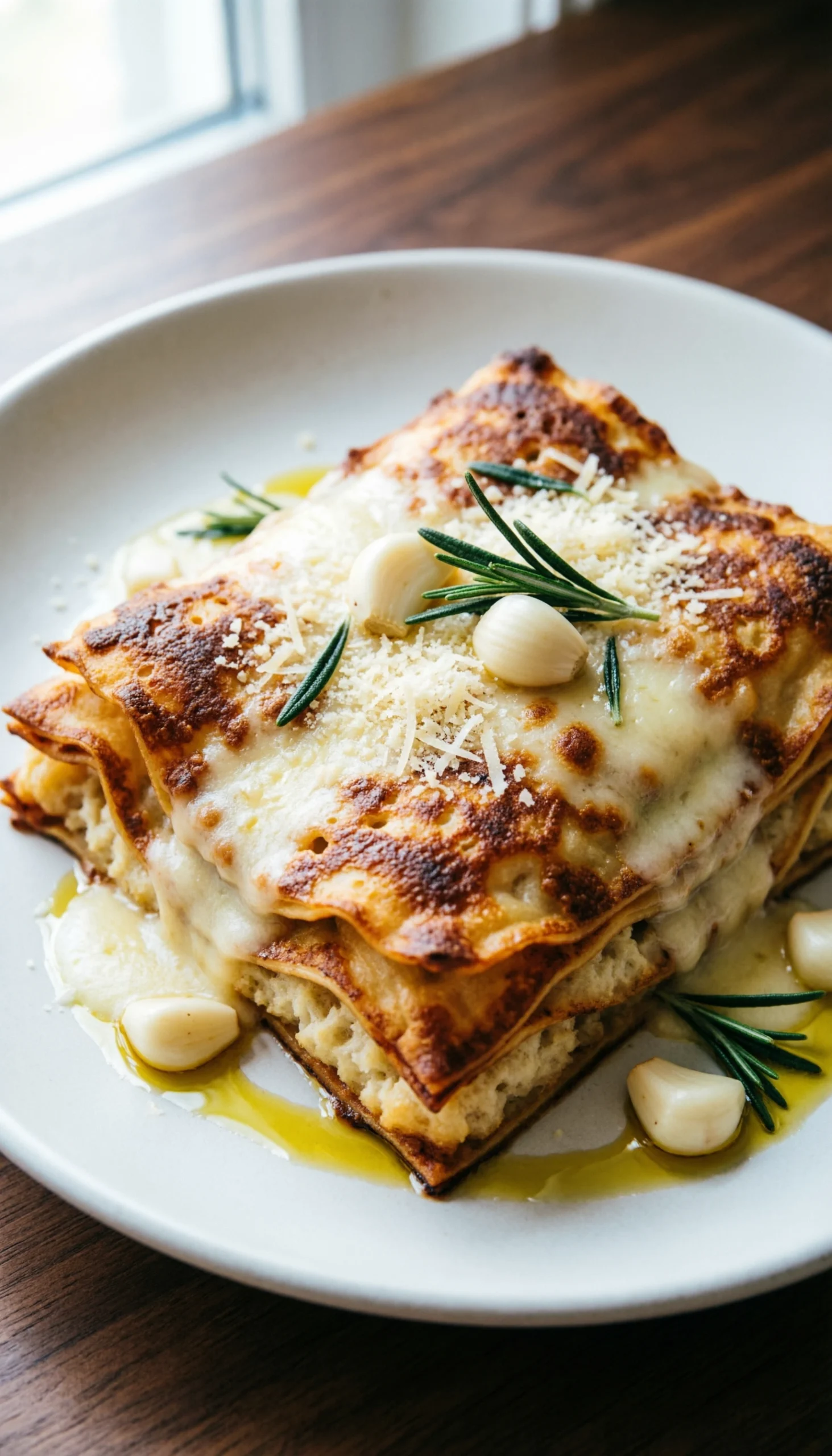 Crispy Pan-Fried Millionaire Gnocchi With Golden-Brown Sear Marks In Garlic Parmesan Sauce, Garnished With Rosemary On A Plate.