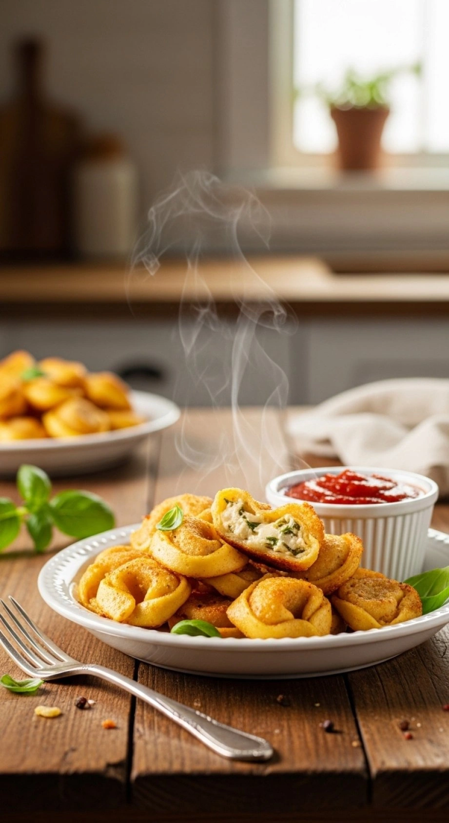 Crispy Toasted Tortellini Bites With A Cheesy Interior Served On A White Dish With Rich Marinara Dipping Sauce.
