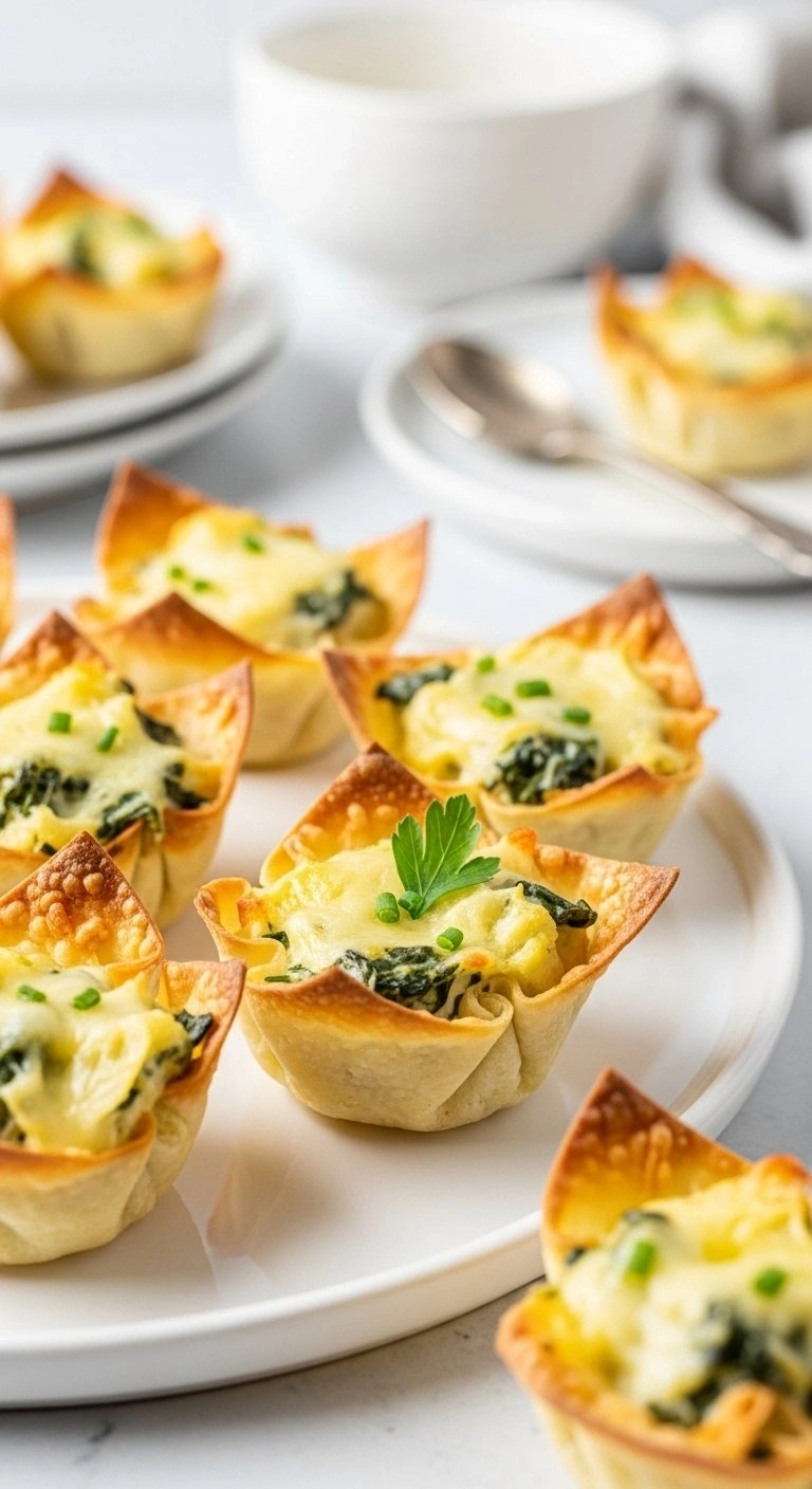 Crispy Wonton Cups Filled With Creamy Cheesy Spinach Artichoke Dip, Garnished With Fresh Herbs On A White Platter.