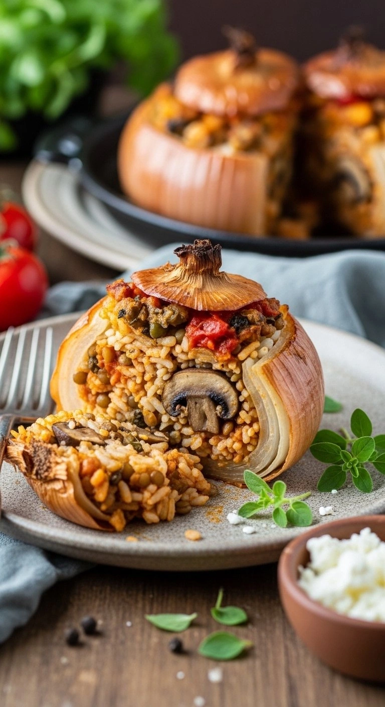 Cross-Section Of A Vegetarian Stuffed Onion Showing A Hearty Rice, Lentil, And Mushroom Filling In Tomato Sauce.