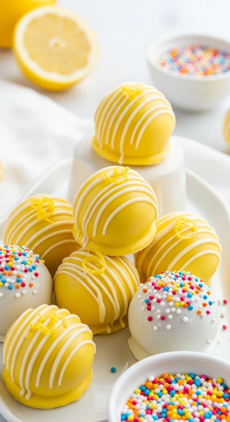 Decorated Lemon Cake Balls With Yellow Stripes And Colorful Sprinkles Served On An Elegant White Platter With Lemon.