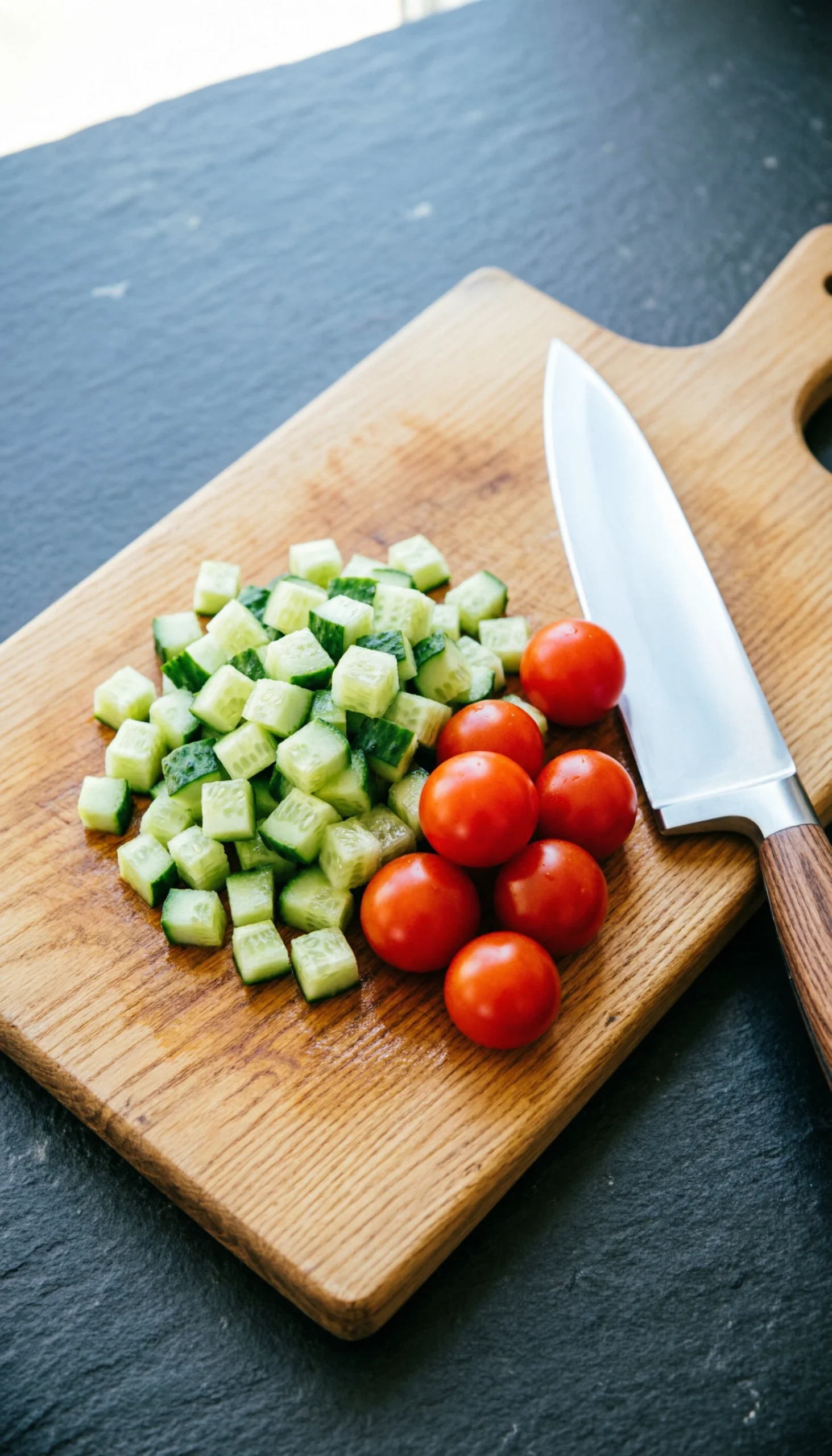 Diced English Cucumbers And Bright Red Cherry Tomatoes On A Wooden Cutting Board With A Professional Chef's Knife.