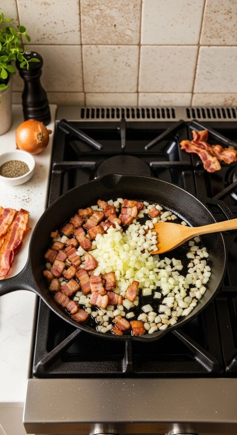 Diced Bacon And Yellow Onions Sautéing In A Hot Cast Iron Skillet, A Key Step For Preparing Delicious Savory Baked Beans.
