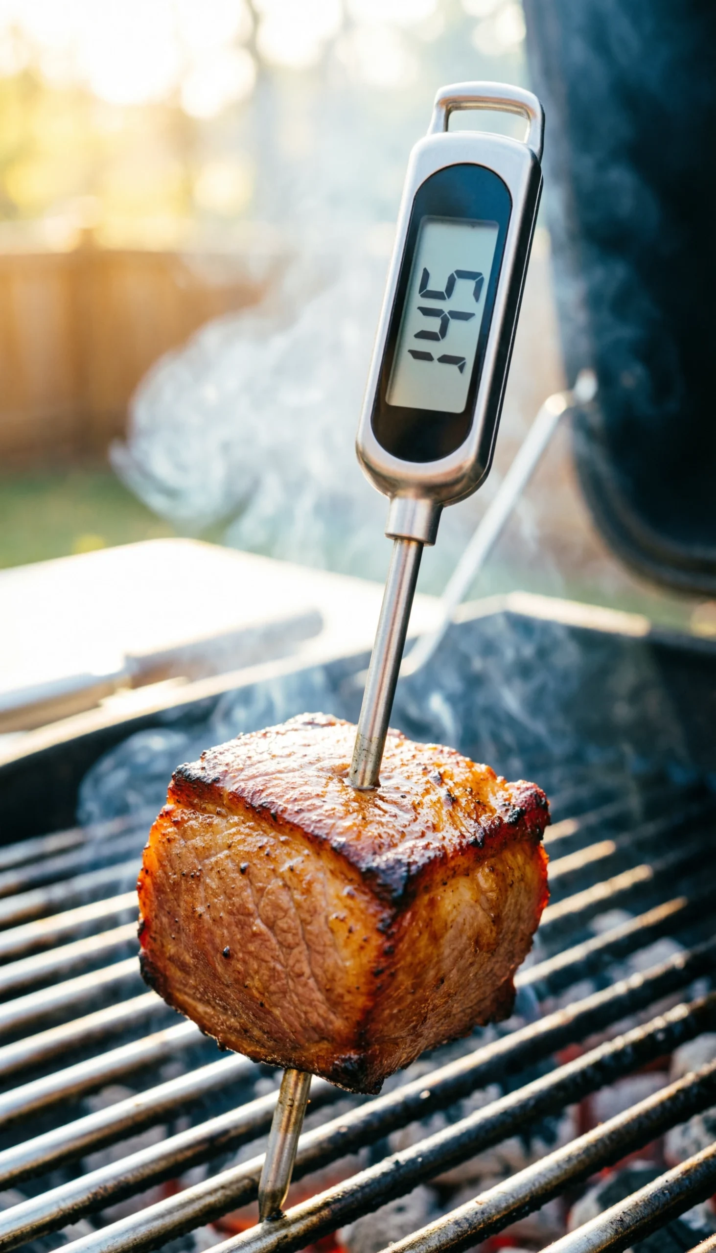 Digital Meat Thermometer Probe Shows '145' In A Pork Cube On A Skewer, Representing Precise Grilling And Food Safety In Bright Light.