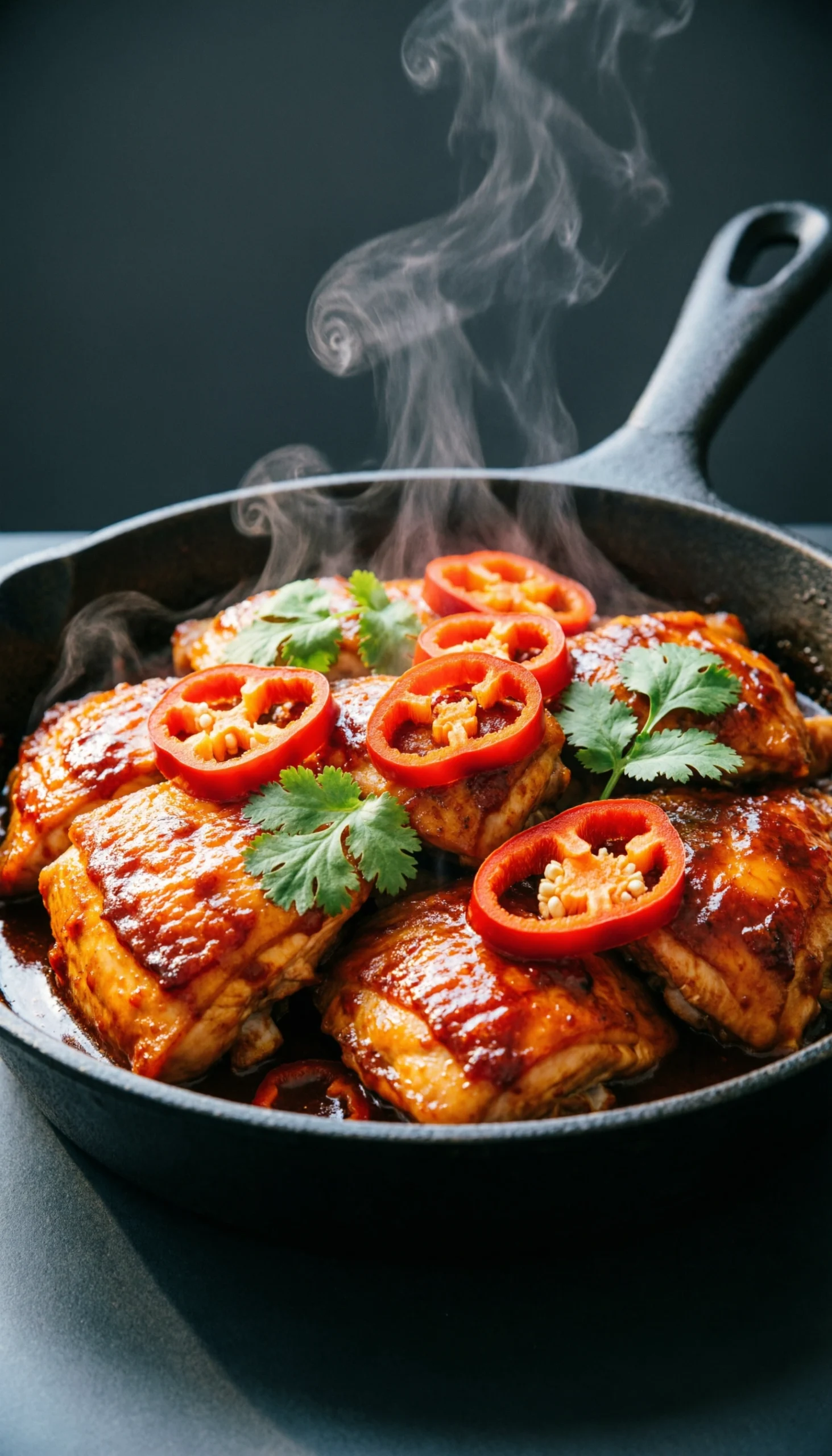 Dramatic Side-Lit Skillet With Glazed Chicken, Sliced Habanero Peppers, Fiery Red-Orange Sauce, And Fresh Cilantro Garnish.