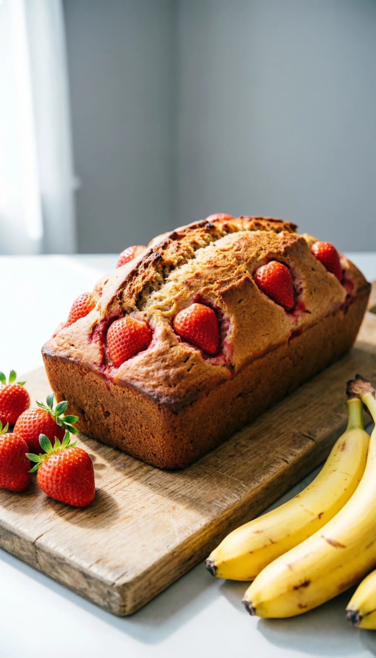 Easy Five-Ingredient Strawberry Banana Bread Loaf With Fresh Fruit On A Rustic Wooden Board In A Bright, Clean Kitchen.