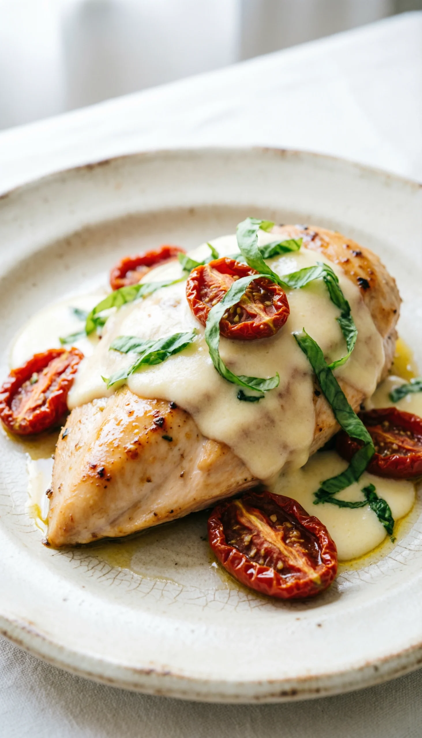 Elegant Mediterranean Creamy Garlic Chicken With Sun-Dried Tomatoes And Fresh Basil On A Vintage Ceramic Plate In Daylight.