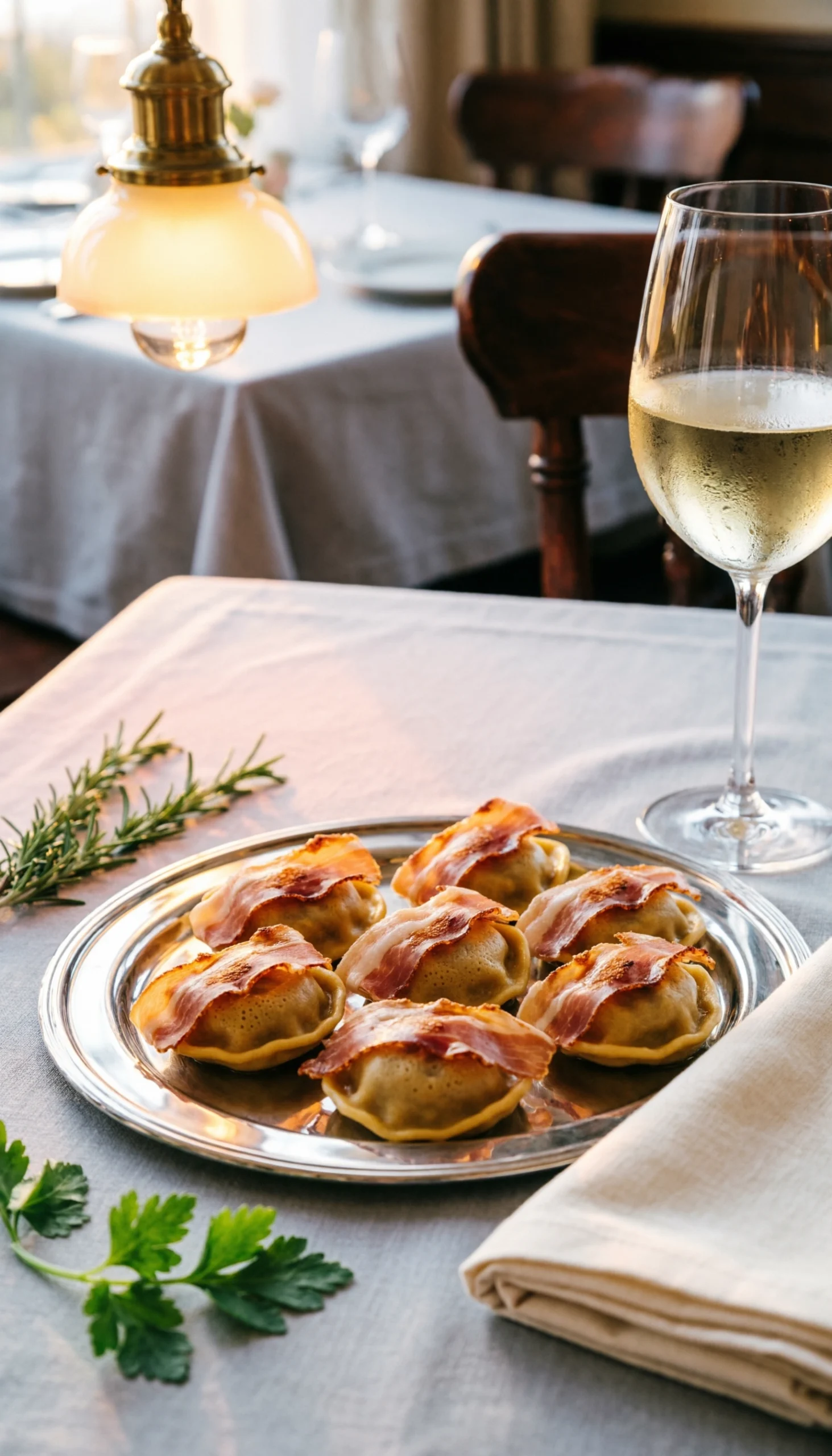 Elegant Crispy Prosciutto-Wrapped Tortellini Appetizers Garnished With Rosemary On A Polished Silver Serving Tray.