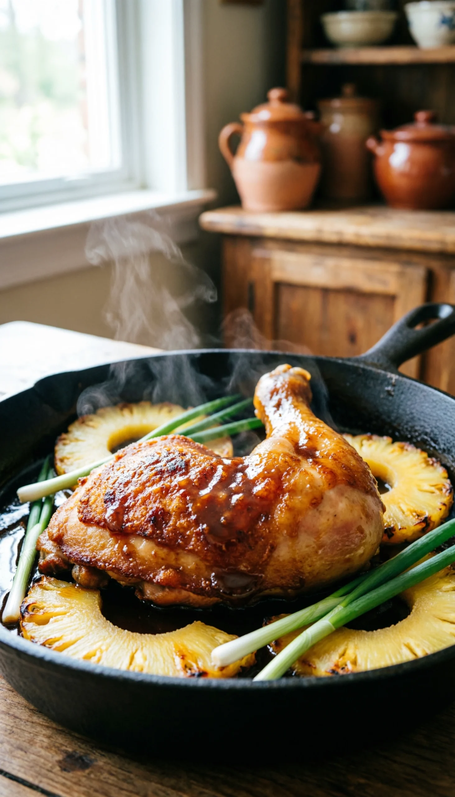Eye-Level Close-Up Of Pan-Seared Chicken Thighs With Amber Bourbon Glaze, Charred Pineapple, And Scallions In A Rustic Cast Iron Skillet.