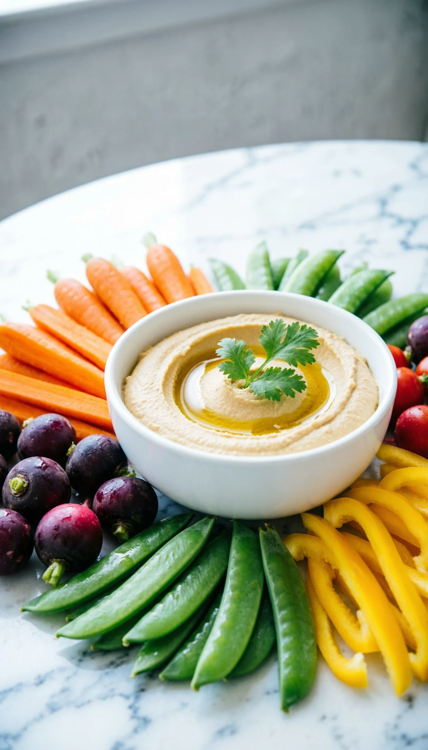 Eye-Level Shot Of A Rainbow Veggie Hummus Platter With Chickpea Hummus, Carrots, Radishes, Snap Peas, And Bell Peppers.