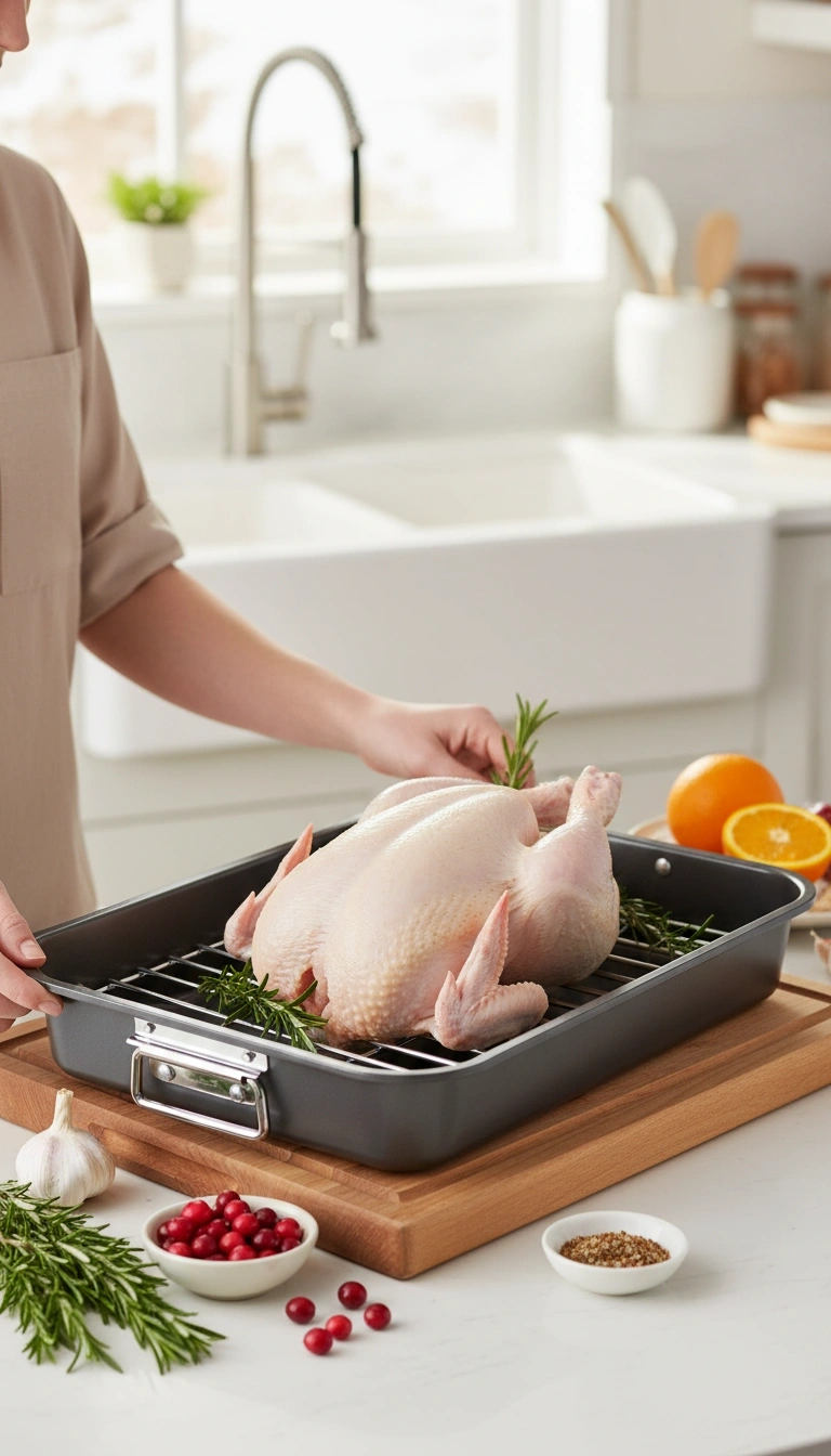 Testing Setup Photo Showing The Roaster On A Kitchen Counter With A Meat Thermometer, Silicone Basting Brush, And A Seasoned Chicken Ready For The Oven