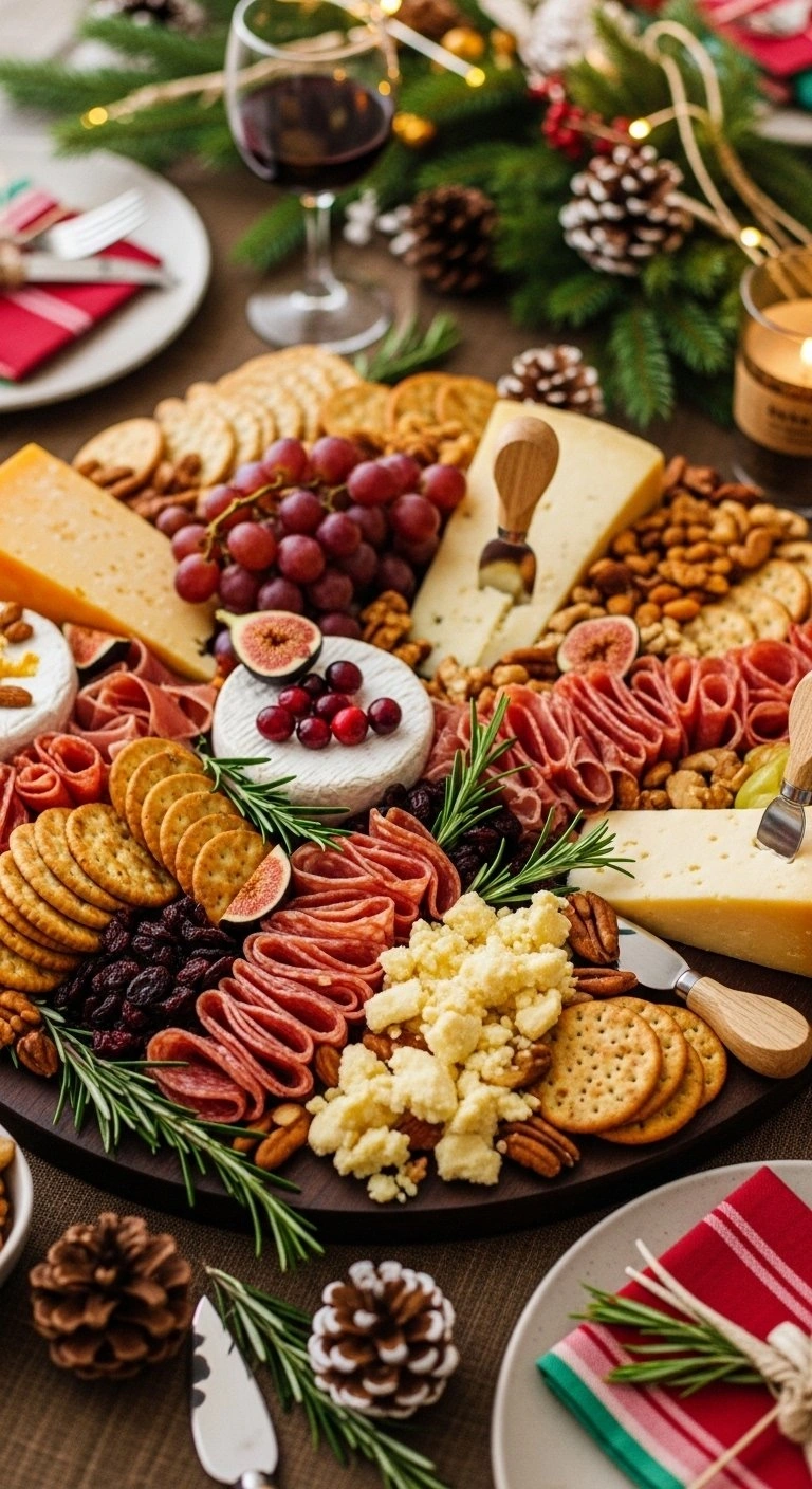 Festive Charcuterie Board With Assorted Cheeses, Cured Meats, Fruits, And Nuts For Holiday Party Entertaining.