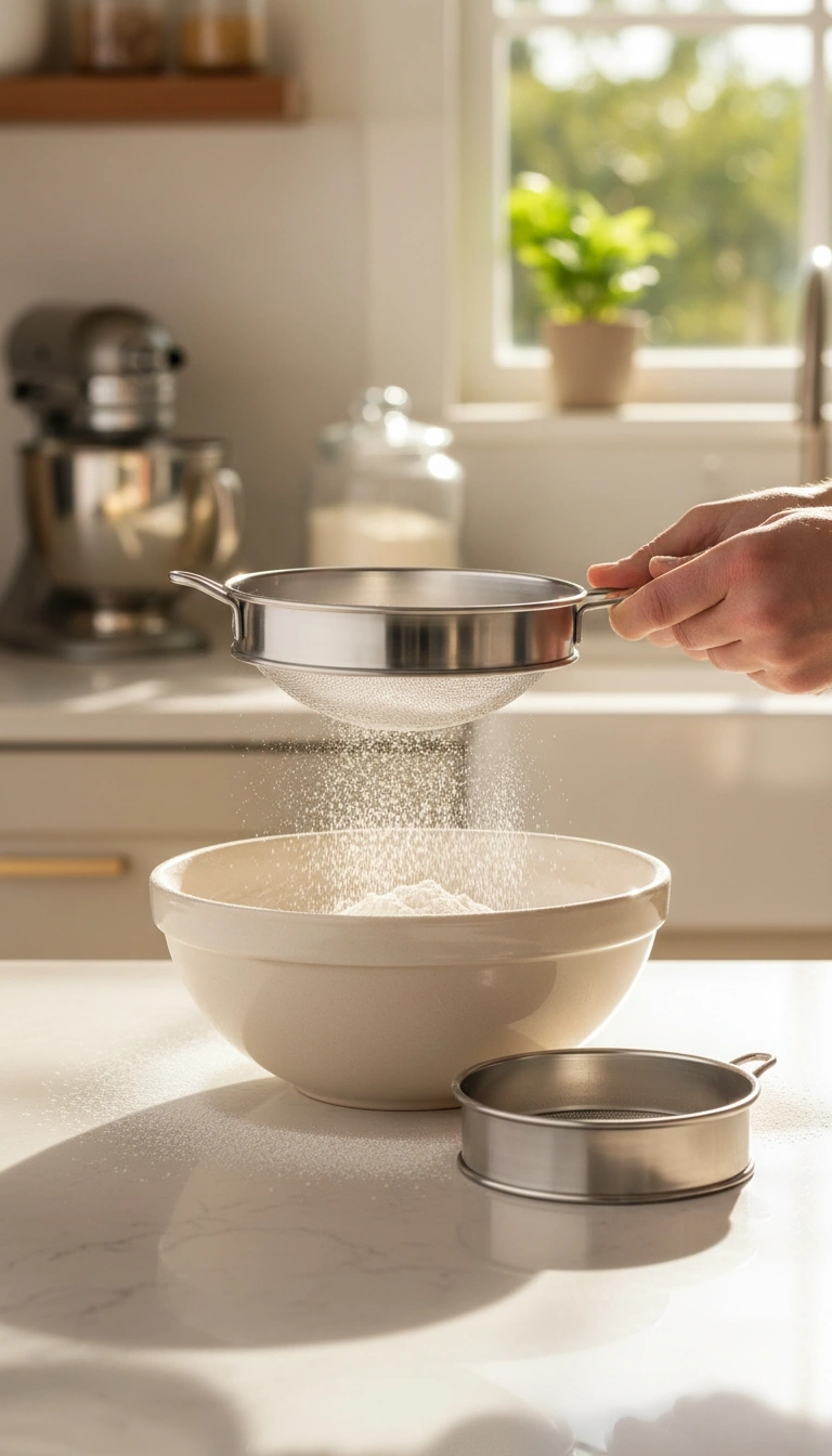 Stainless Steel Fine Mesh Round Flour Sieves Set Over A Mixing Bowl Actively Sifting Cocoa Powder