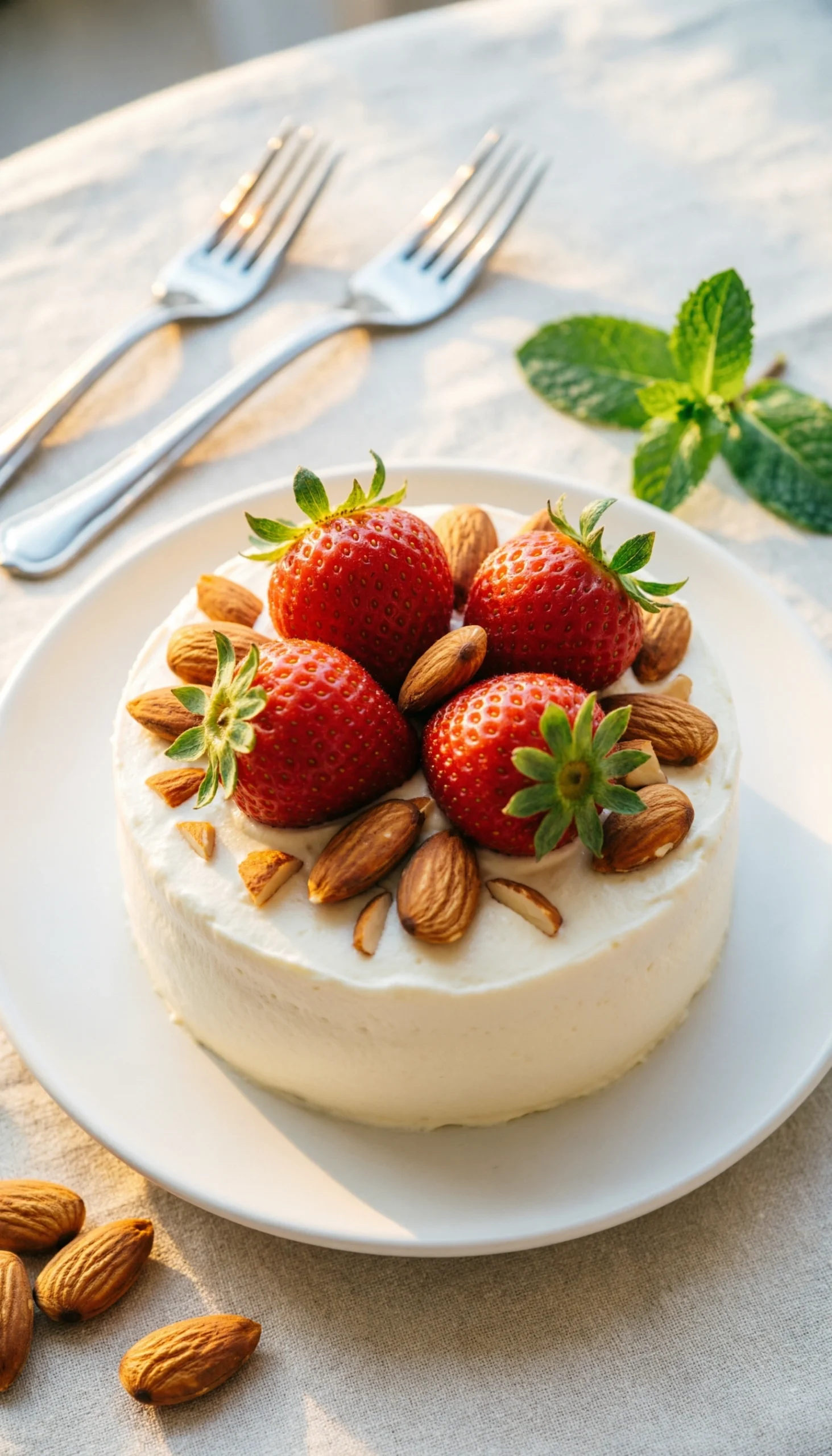 Finished Heaven On Earth Cake Garnished With Vibrant Whole Strawberries And Toasted Almonds On A White Ceramic Platter.