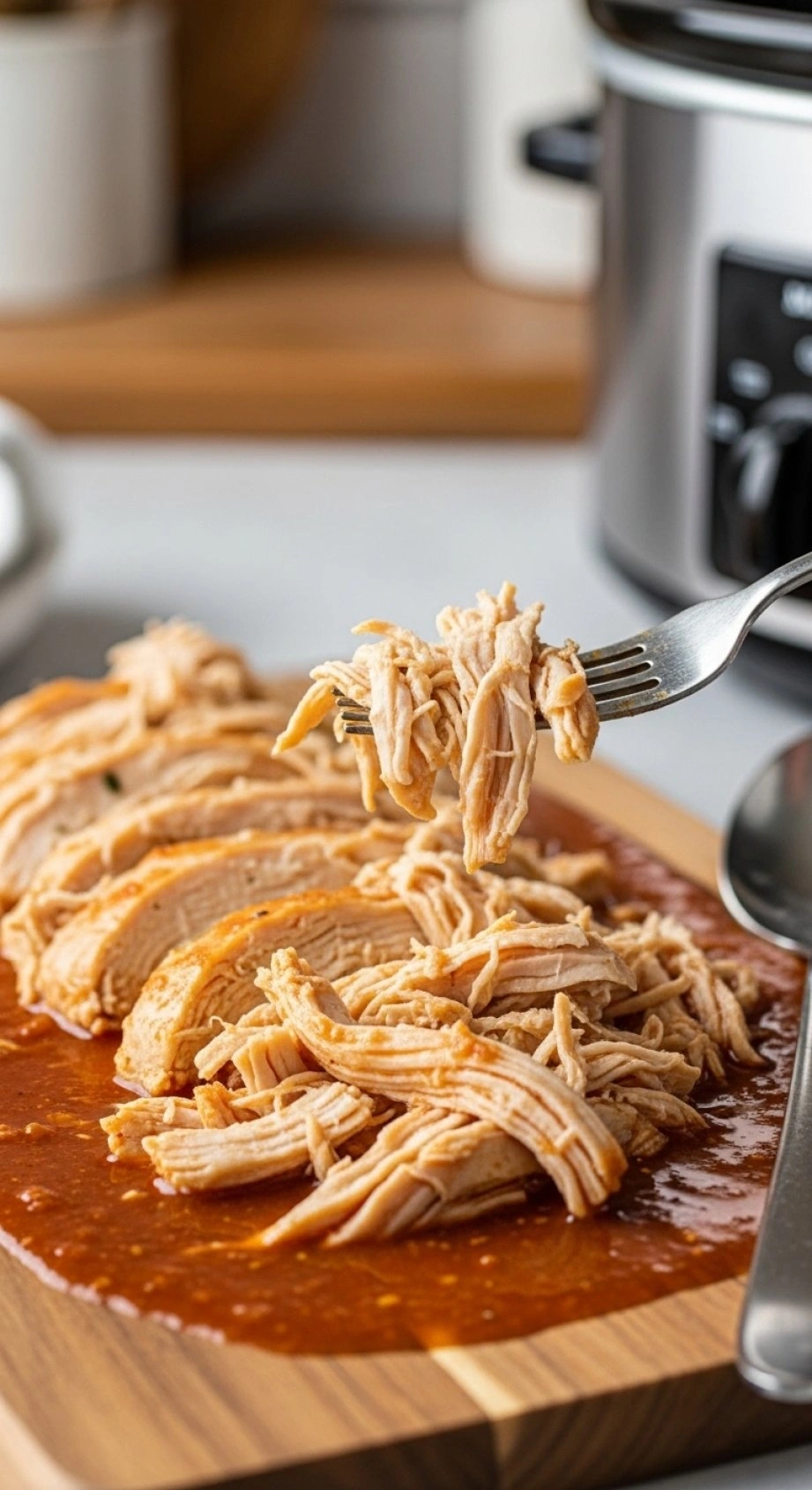 Flaky, Moist Shredded Chicken Breasts In A Savory Red-Tinted Broth On A Rustic Wooden Board, Ready For Crack Chicken Chili.