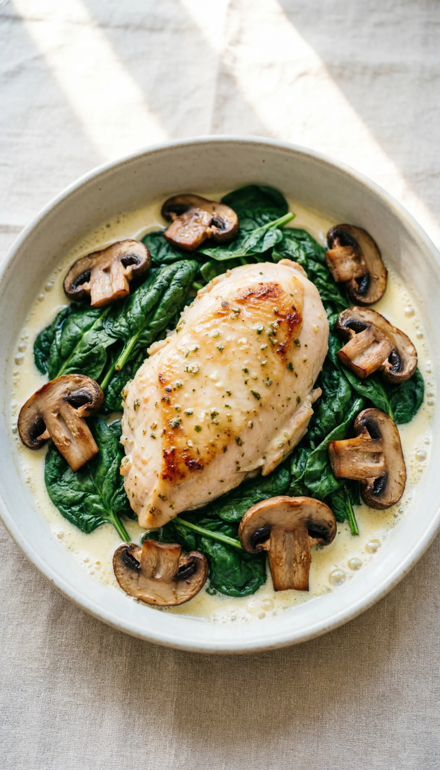Flat Lay Of Creamy Garlic Chicken With Wilted Spinach, Sautéed Mushrooms, And Parmesan Sauce In A Ceramic Pan On A Linen Tablecloth.