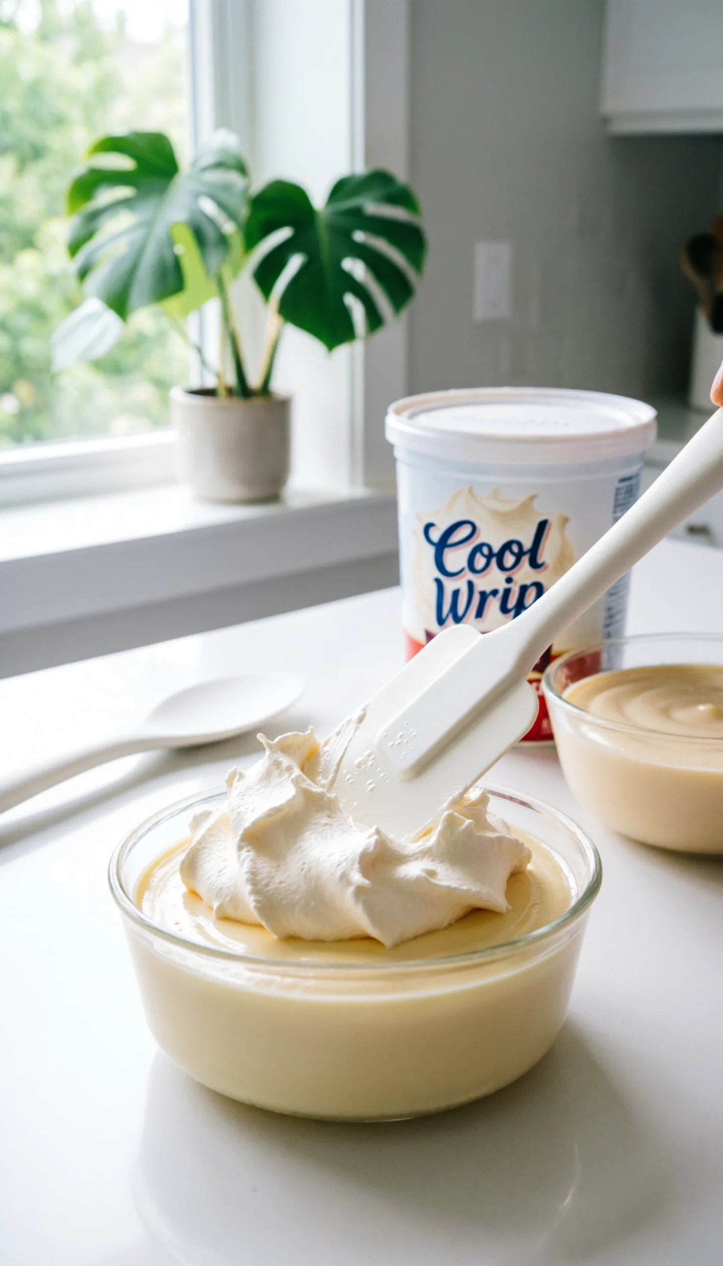 Fluffy Cool Whip Is Gently Folded Into Creamy Pudding With A Rubber Spatula On A White Kitchen Island, Creating A Light Dessert.
