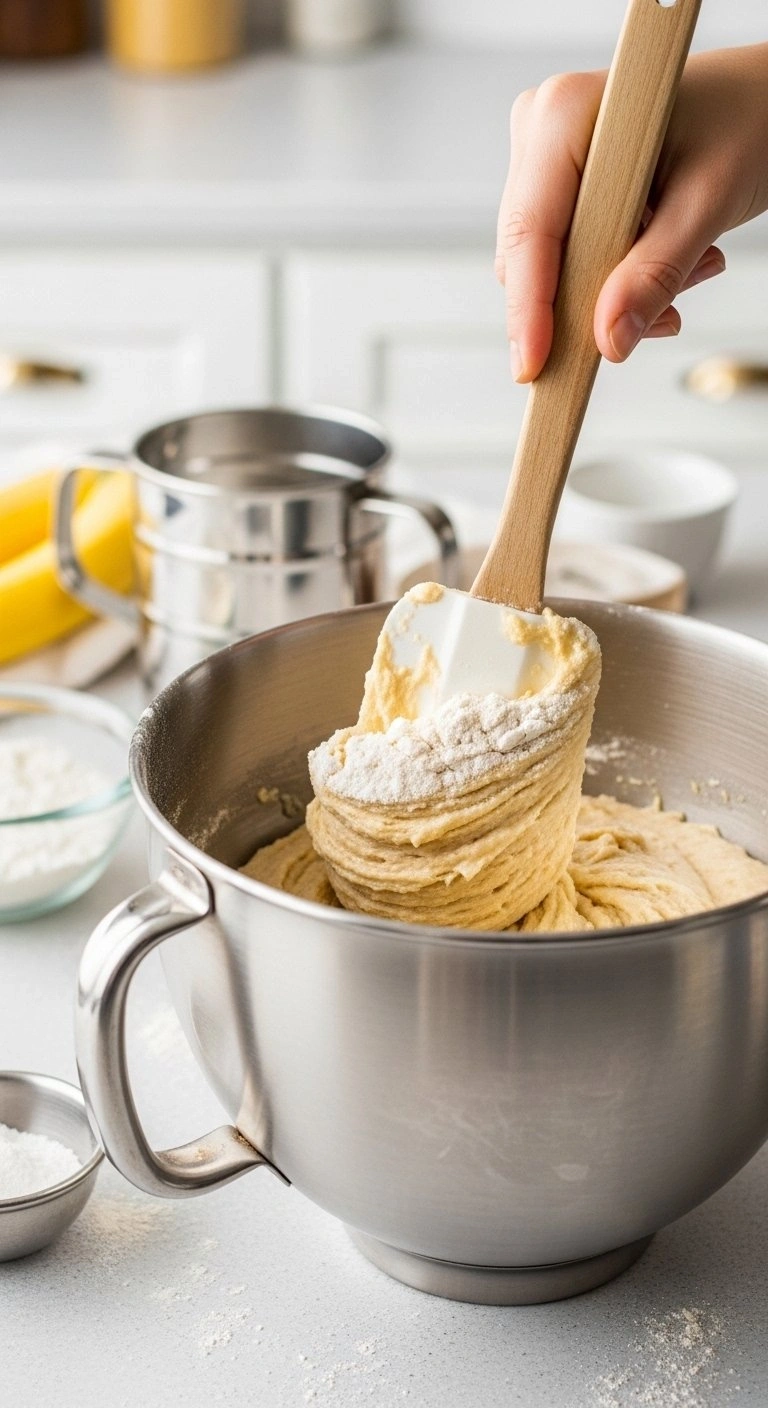 Folding Dry Flour Into Golden Banana Bread Batter In A Stainless Steel Mixing Bowl Using A Wooden Spatula.