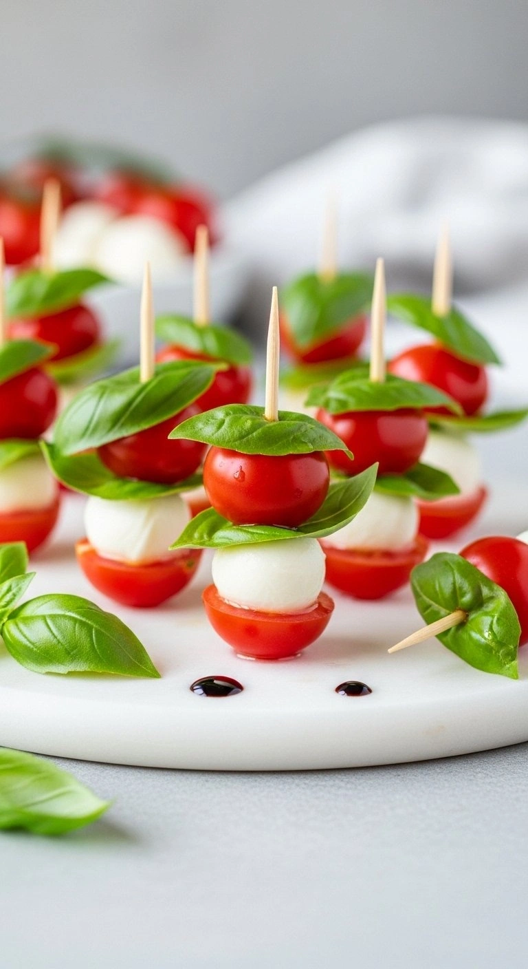 Fresh Caprese Skewers With Mozzarella, Cherry Tomatoes, And Basil On A White Marble Platter With Balsamic Glaze.