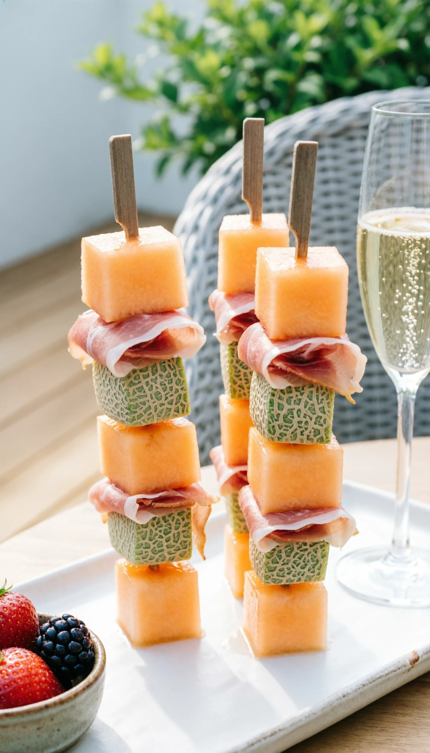 Fresh Cantaloupe And Honeydew Melon Skewers Wrapped In Savory Prosciutto On A White Platter For Summer Parties.