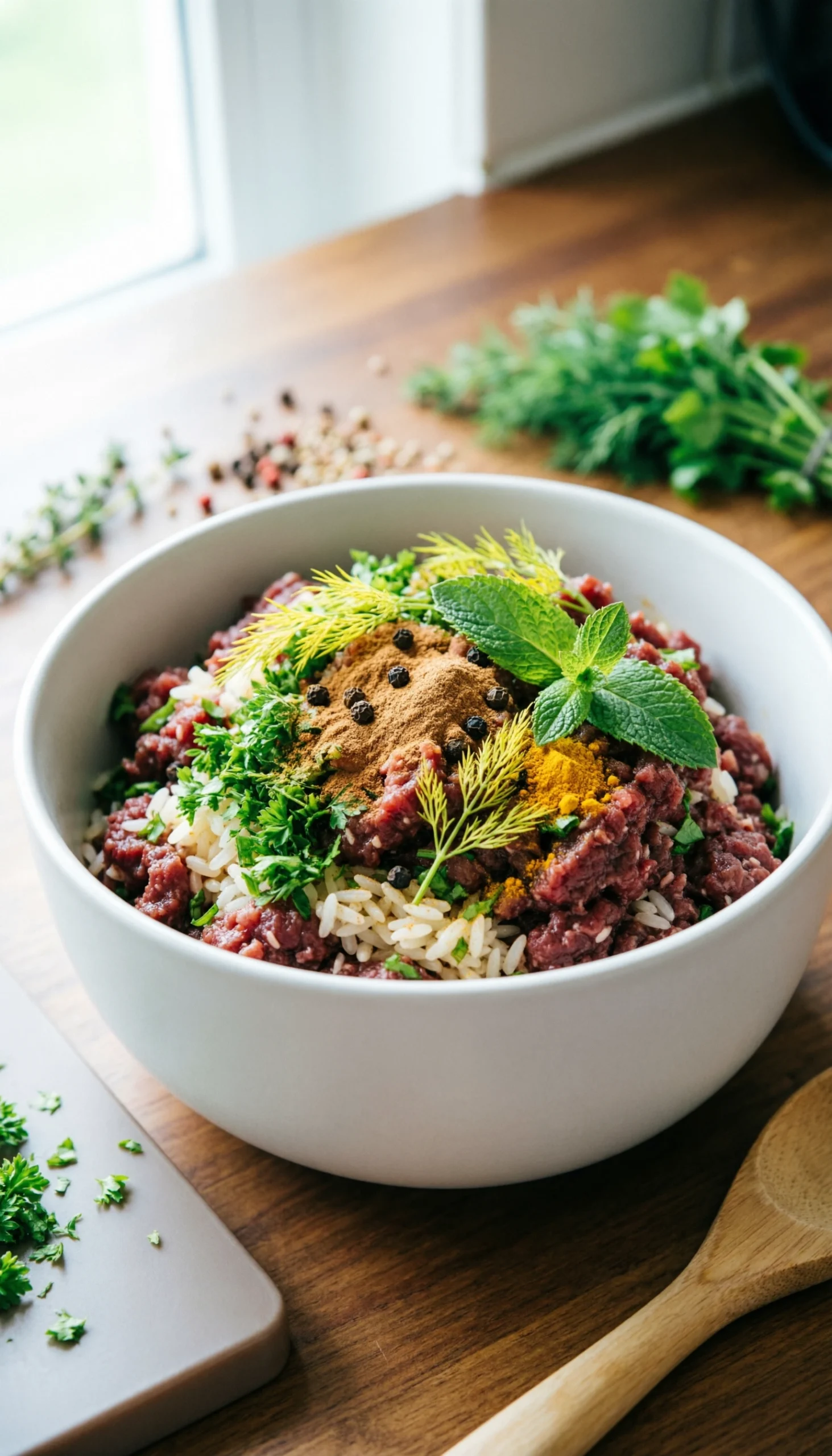 Fresh Ground Beef And Rice Mixture With Chopped Herbs In A Ceramic Bowl, Prepared For Stuffing Greek Onions.