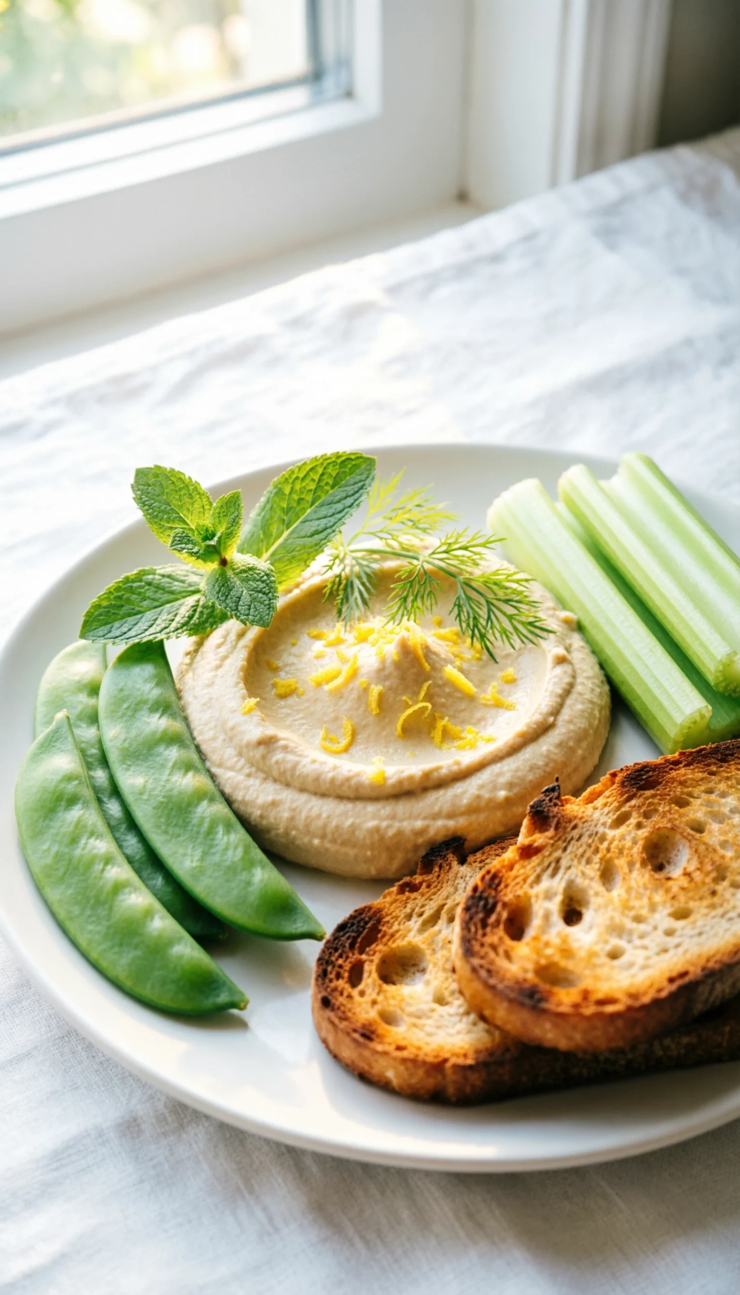 Fresh Lemon And Herb Hummus With Lemon Zest, Mint, Dill, Snap Peas, Celery, And Toasted Sourdough.