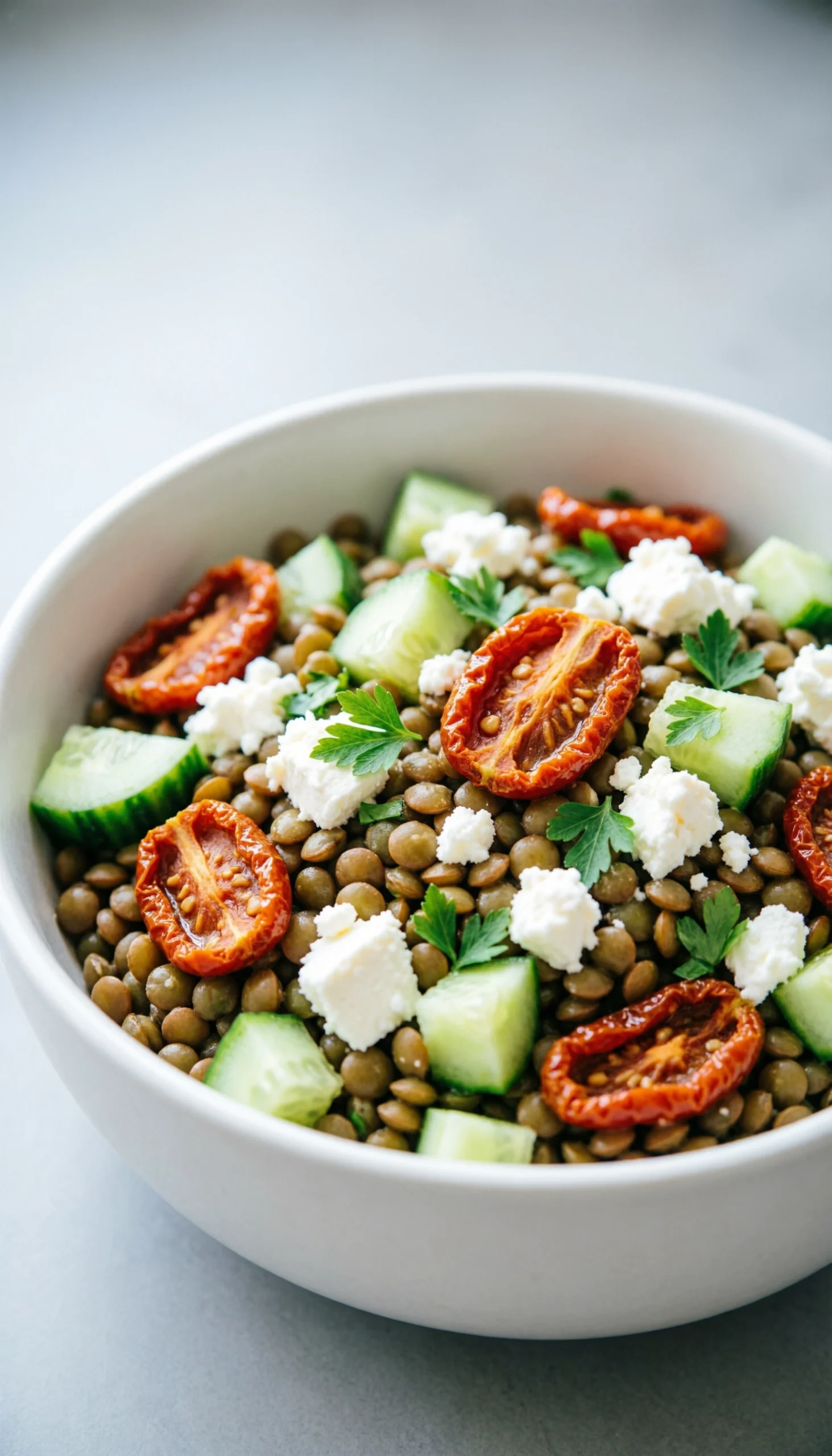 Fresh Lentil And Feta Salad With Green Lentils, Cucumber, Sun-Dried Tomatoes, Feta, And Parsley.