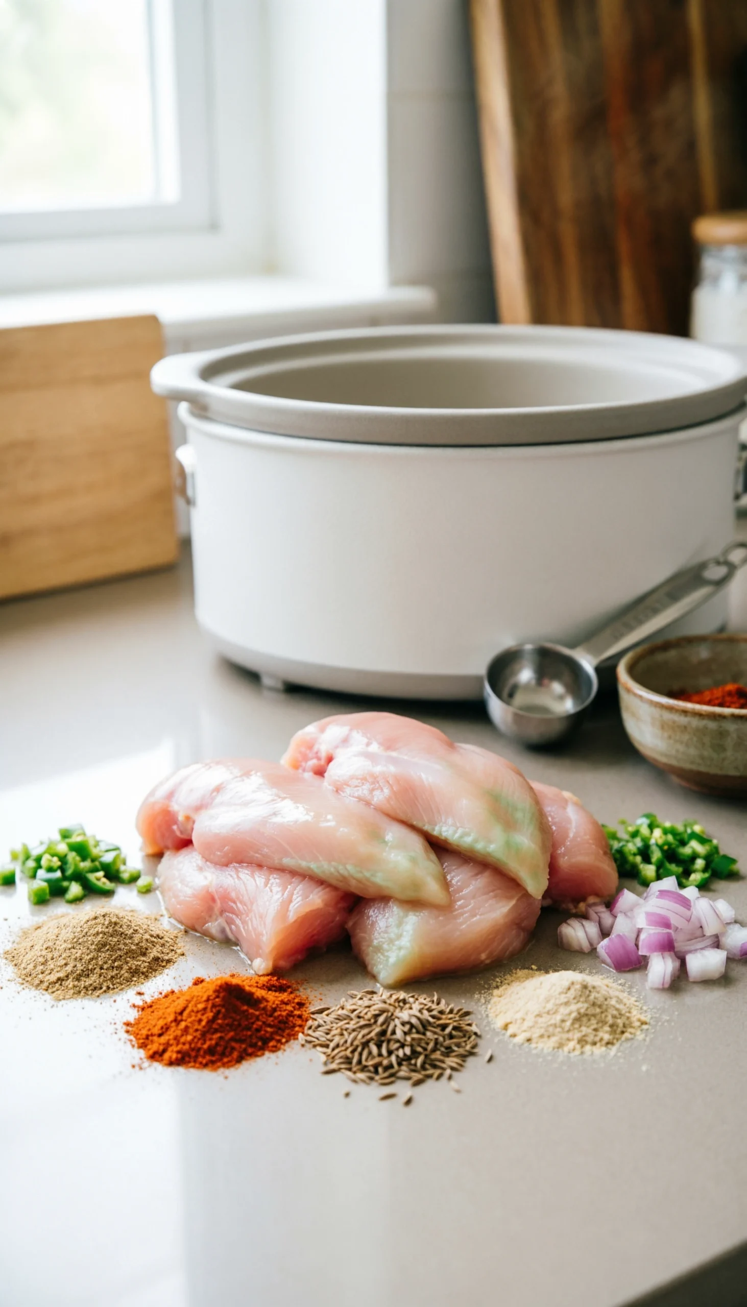 Fresh Raw Chicken Breasts With Vibrant Chili Seasonings, Chopped Onions, And Bell Peppers In A Slow Cooker, Ready For Cooking.