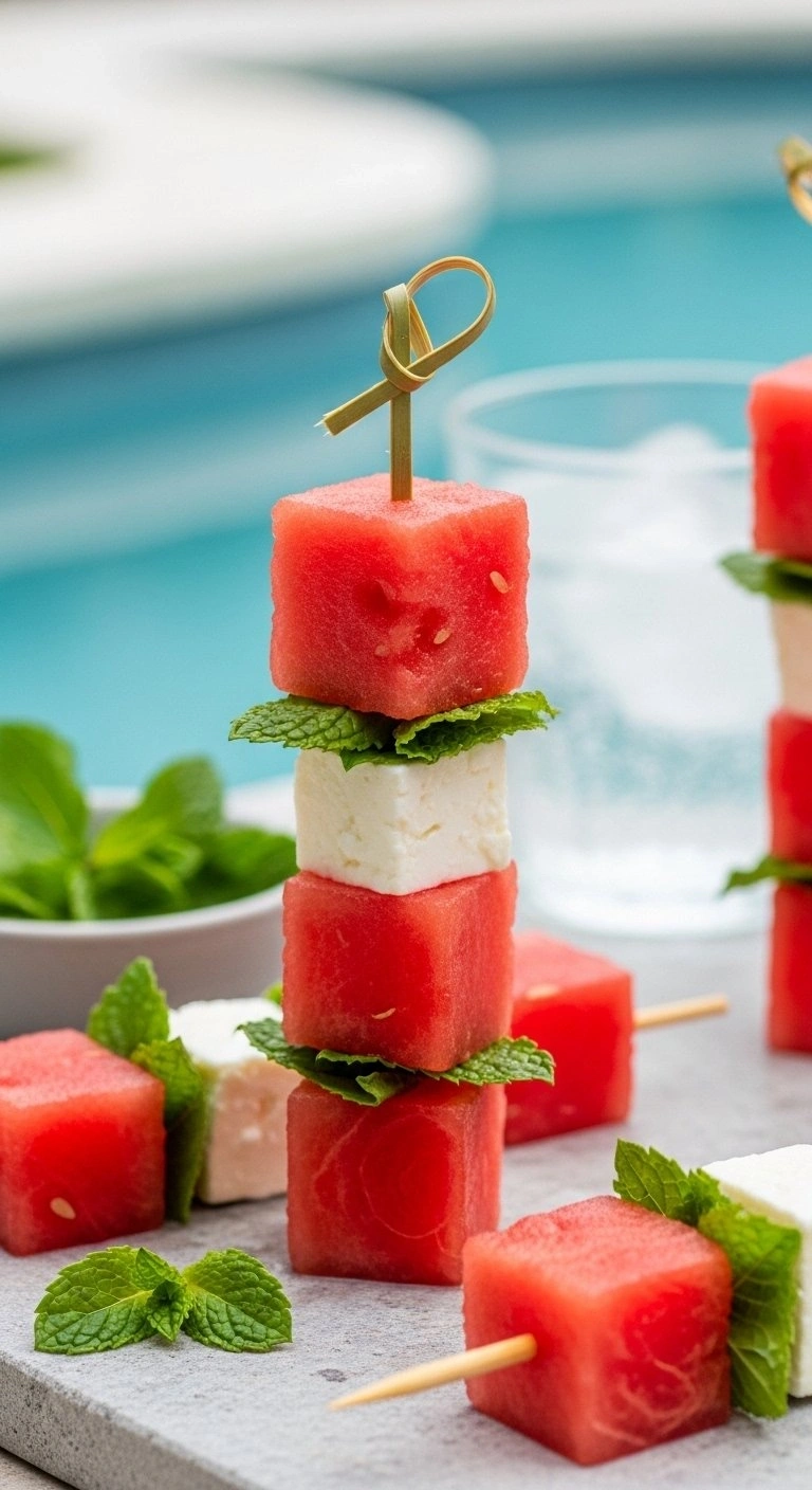 Fresh Watermelon And Feta Skewers Topped With Mint Leaves On A Light Stone Surface With A Blurred Pool Background.