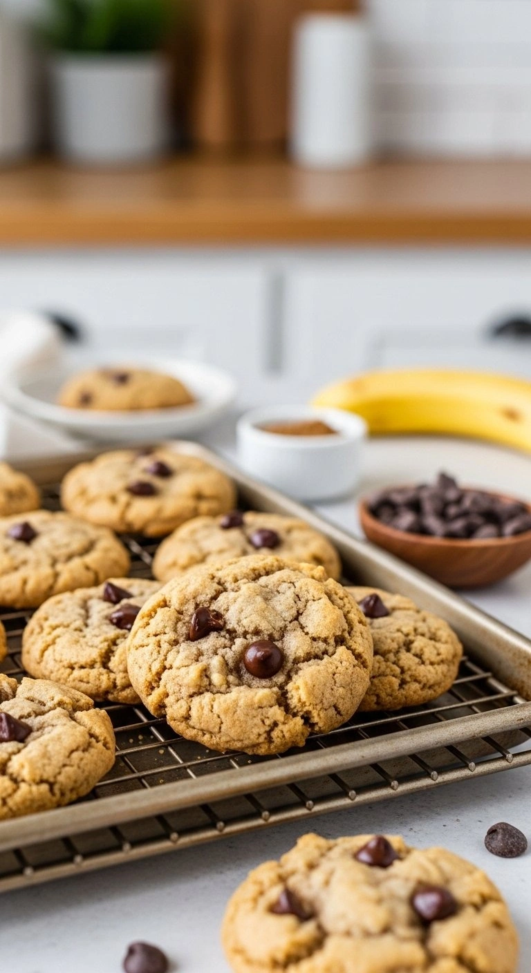 Freshly Baked Chewy Banana Bread Cookies With Melted Chocolate Chips On A Rustic Cooling Rack In A Cozy Kitchen.
