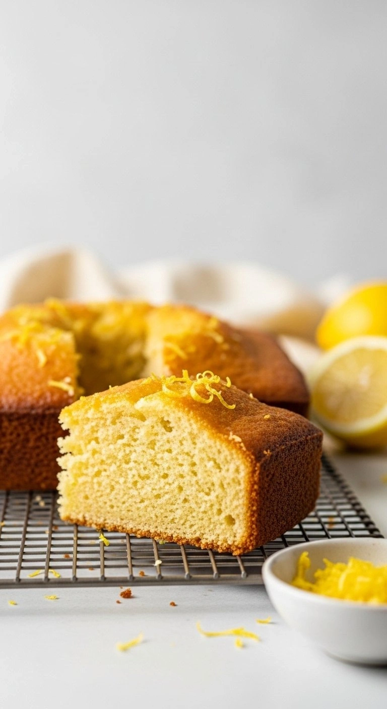 Freshly Baked Golden-Brown Lemon Cake Slice With Zest Cooling On A Wire Rack In A Bright, Modern Kitchen Setting.