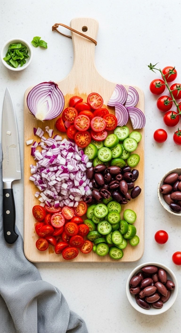 Freshly Chopped Mediterranean Vegetables Including Cherry Tomatoes And Kalamata Olives On A Wooden Cutting Board.