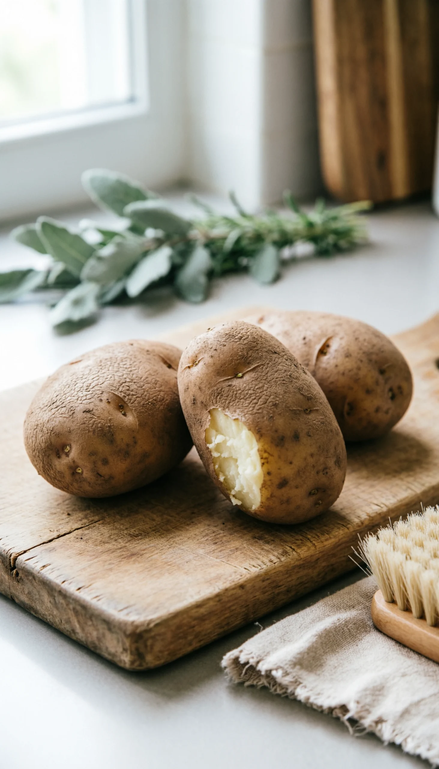 Freshly Washed Russet Baking Potatoes With Textured Brown Skins And Oval Shapes On A Rustic Wooden Board With A Scrub Brush.