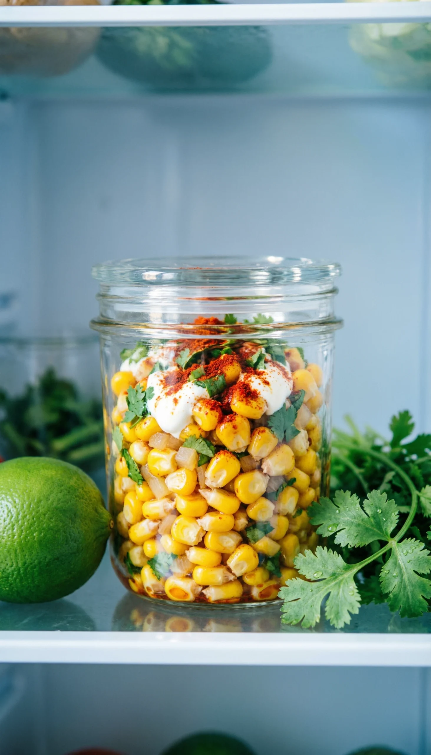 Glass Food Storage Container Filled With Fresh Mexican Street Corn On A Clean, Organized Refrigerator Shelf.
