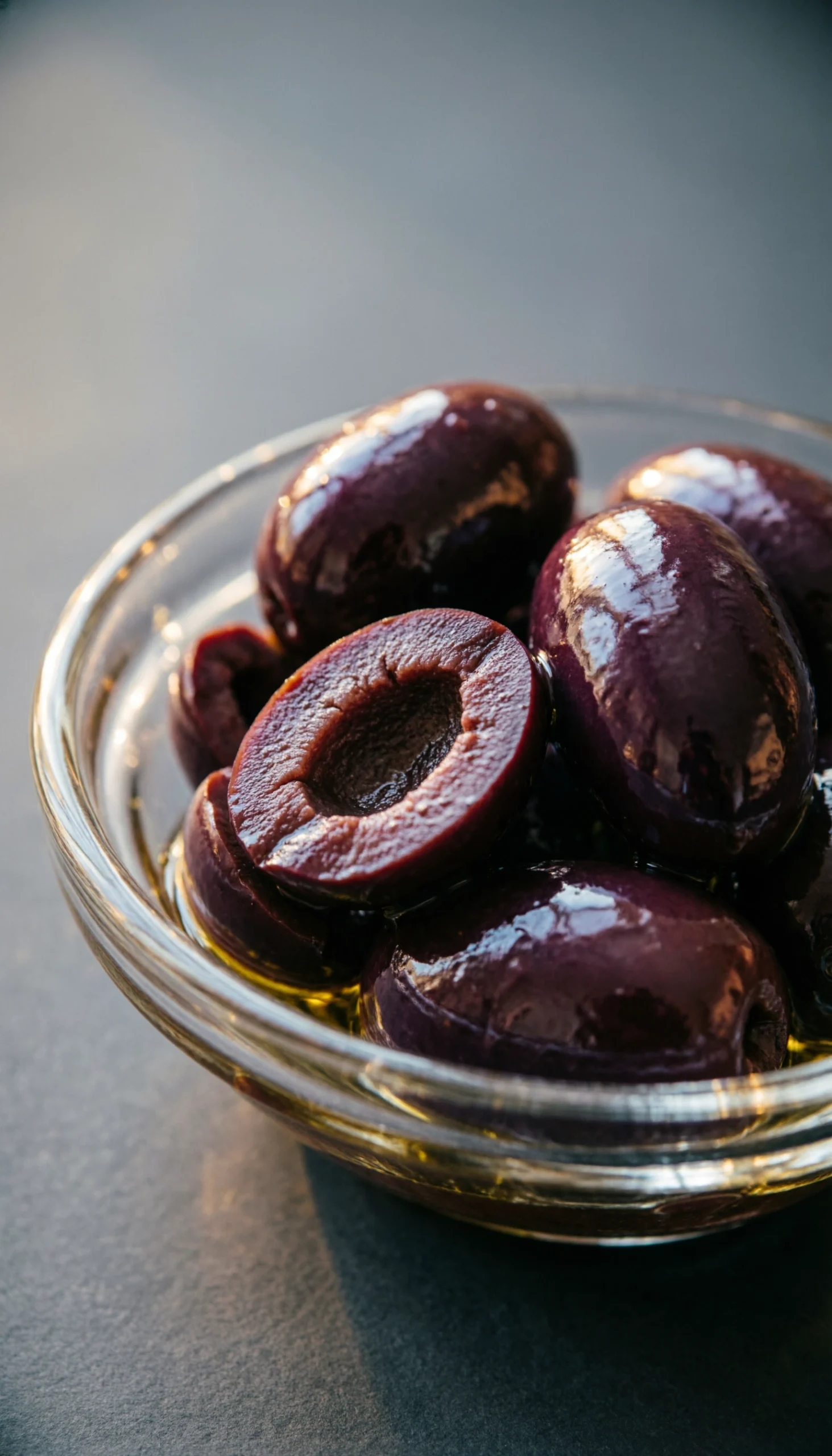 Glistening Deep Purple-Black Sliced Kalamata Olives In A Small Glass Dish, Ready To Be Served As An Appetizer Or Ingredient.