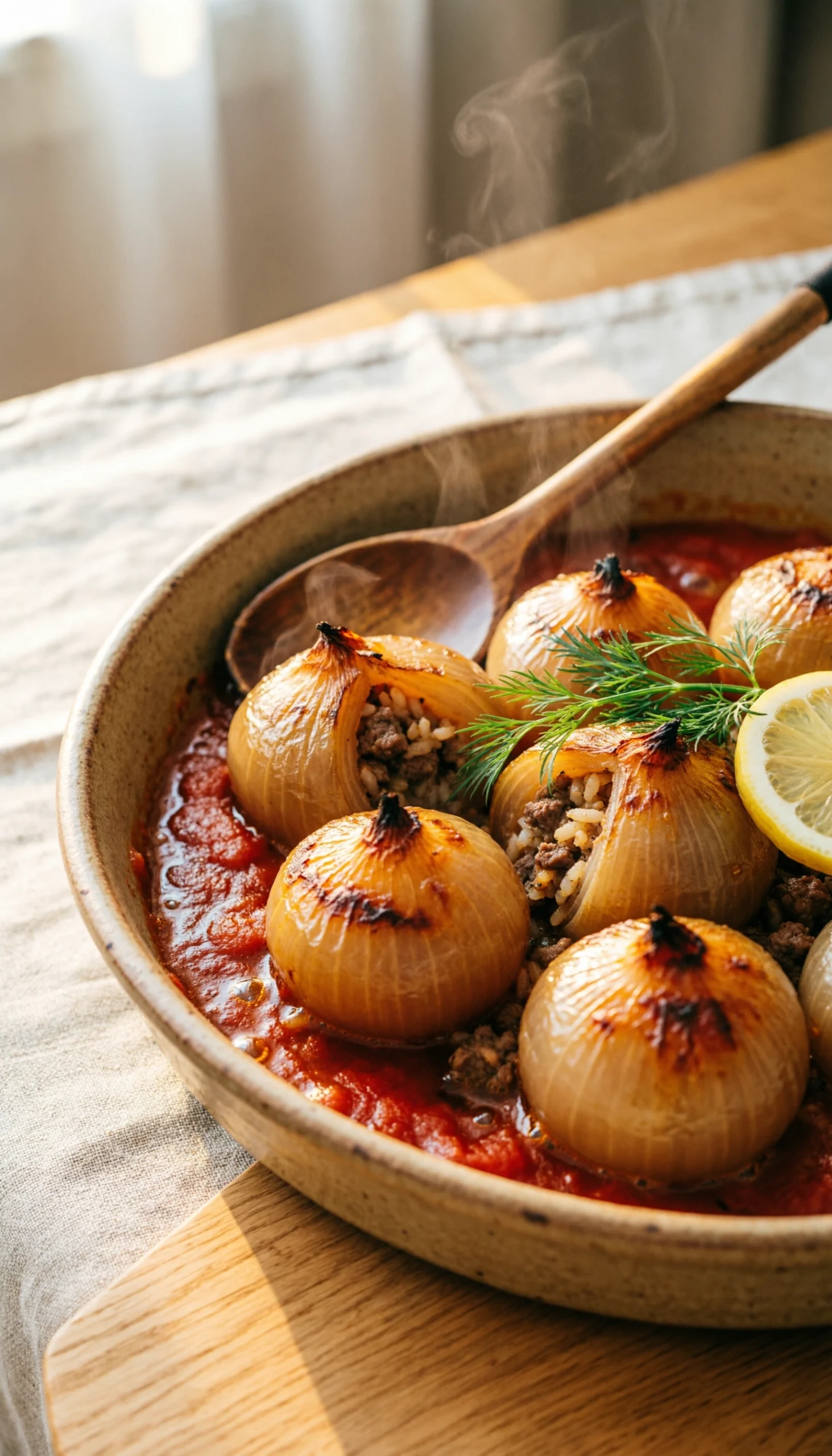 Golden-Brown Greek Stuffed Onions Baked In A Bubbling Red Tomato Sauce Inside A Rustic Ceramic Baking Dish.