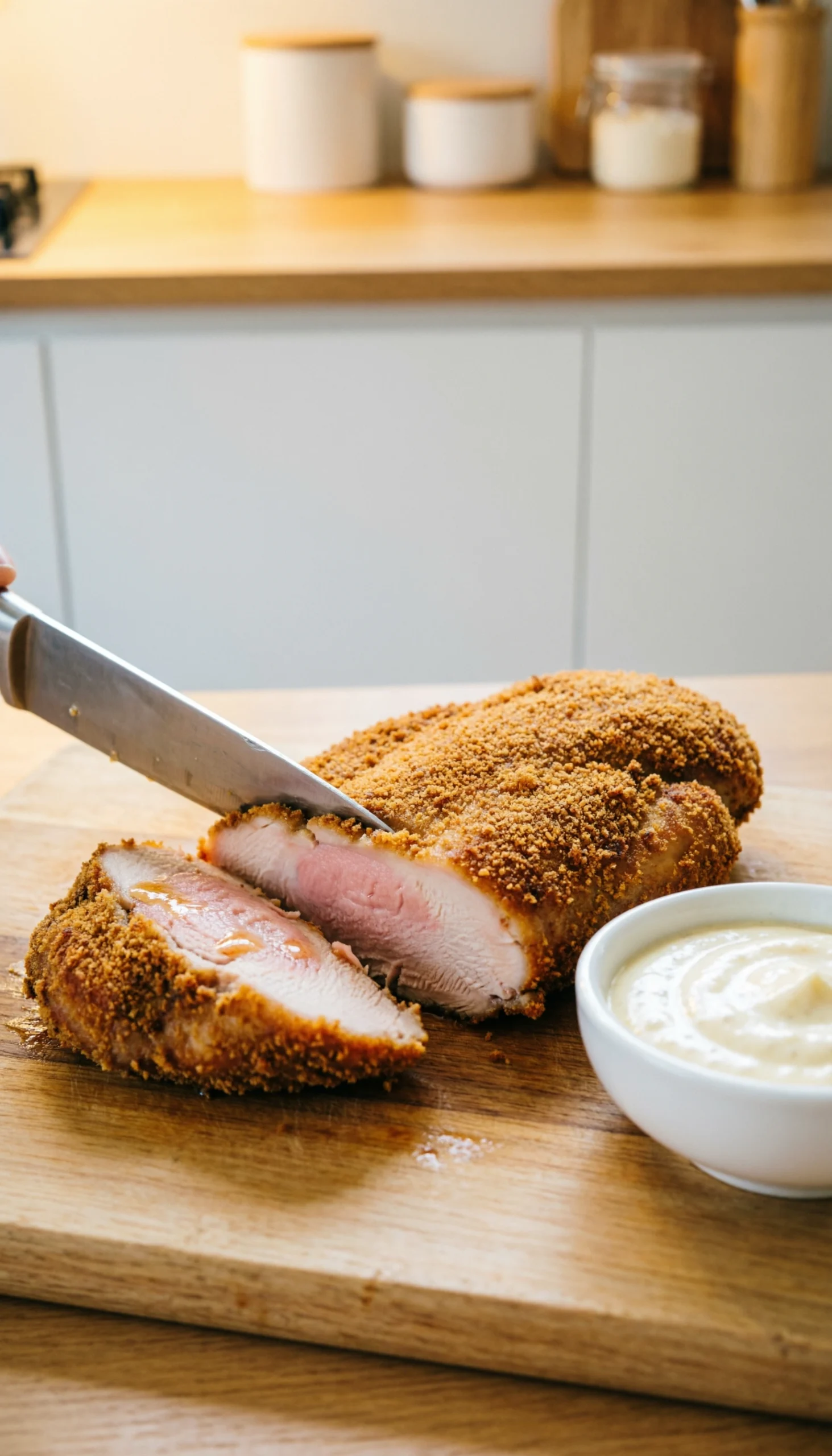 Golden-Brown Breaded Chicken Breast Being Sliced On A Wooden Board With A Side Of Creamy Garlic Parmesan Dipping Sauce.