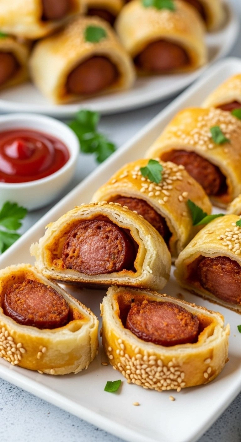 Golden Flaky Spicy Sausage Rolls Topped With Sesame Seeds Served On A White Platter For A Savory Party Appetizer.