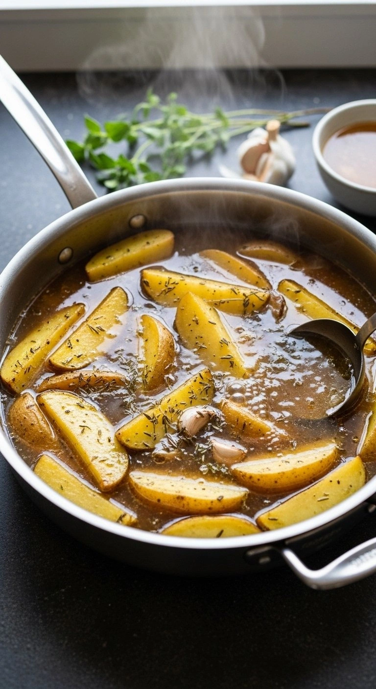Golden Potato Wedges Simmering In Aromatic Chicken Stock And Herbs Inside A Stainless Steel Roasting Pan.